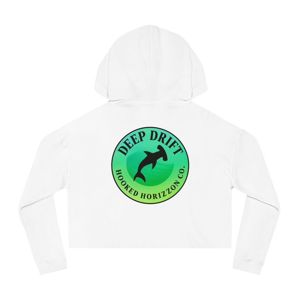 Green Hammer Head Shark Cropped Hoodie — "Deep Drift on the Water" Fishing Graphic