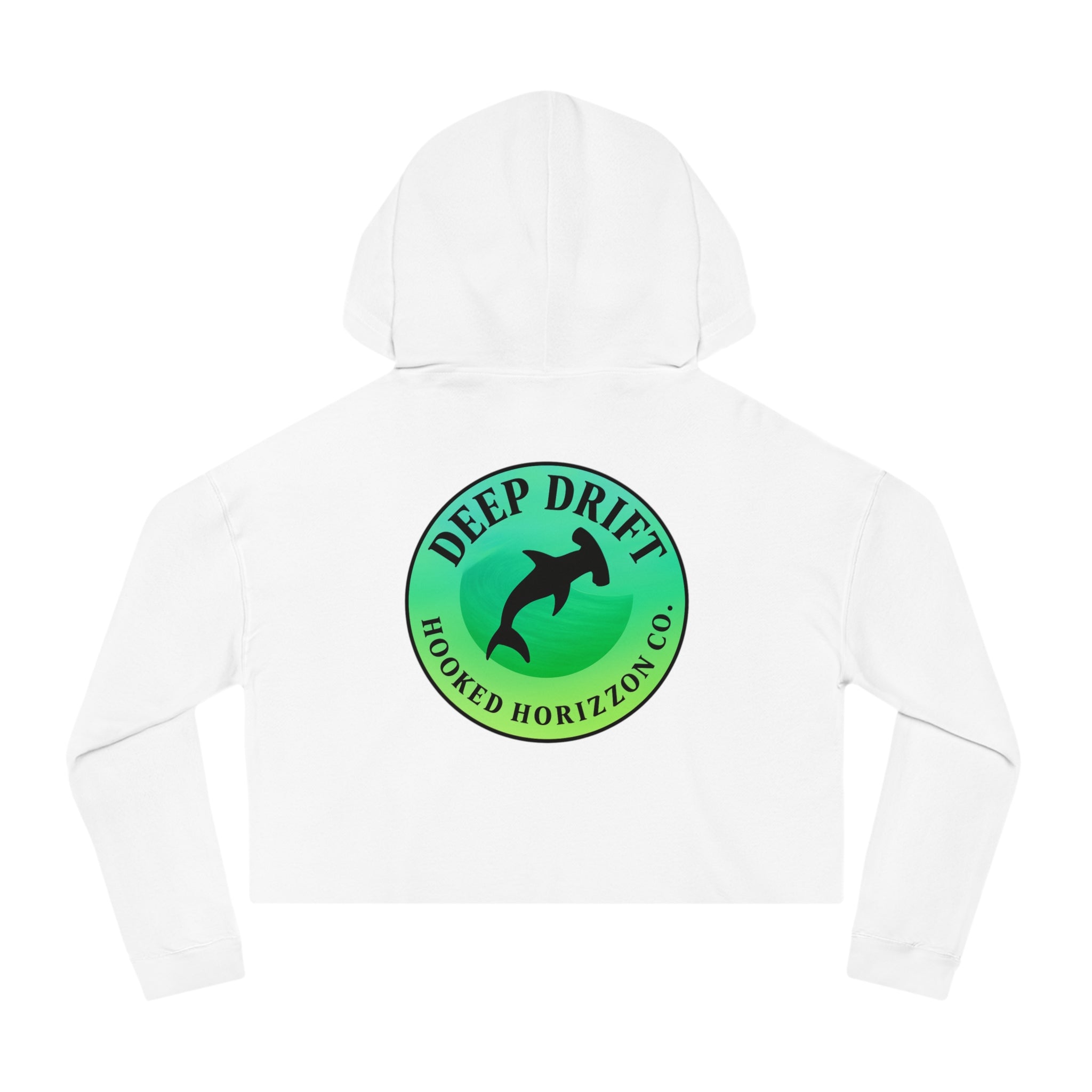 Green Hammer Head Shark Cropped Hoodie — "Deep Drift on the Water" Fishing Graphic