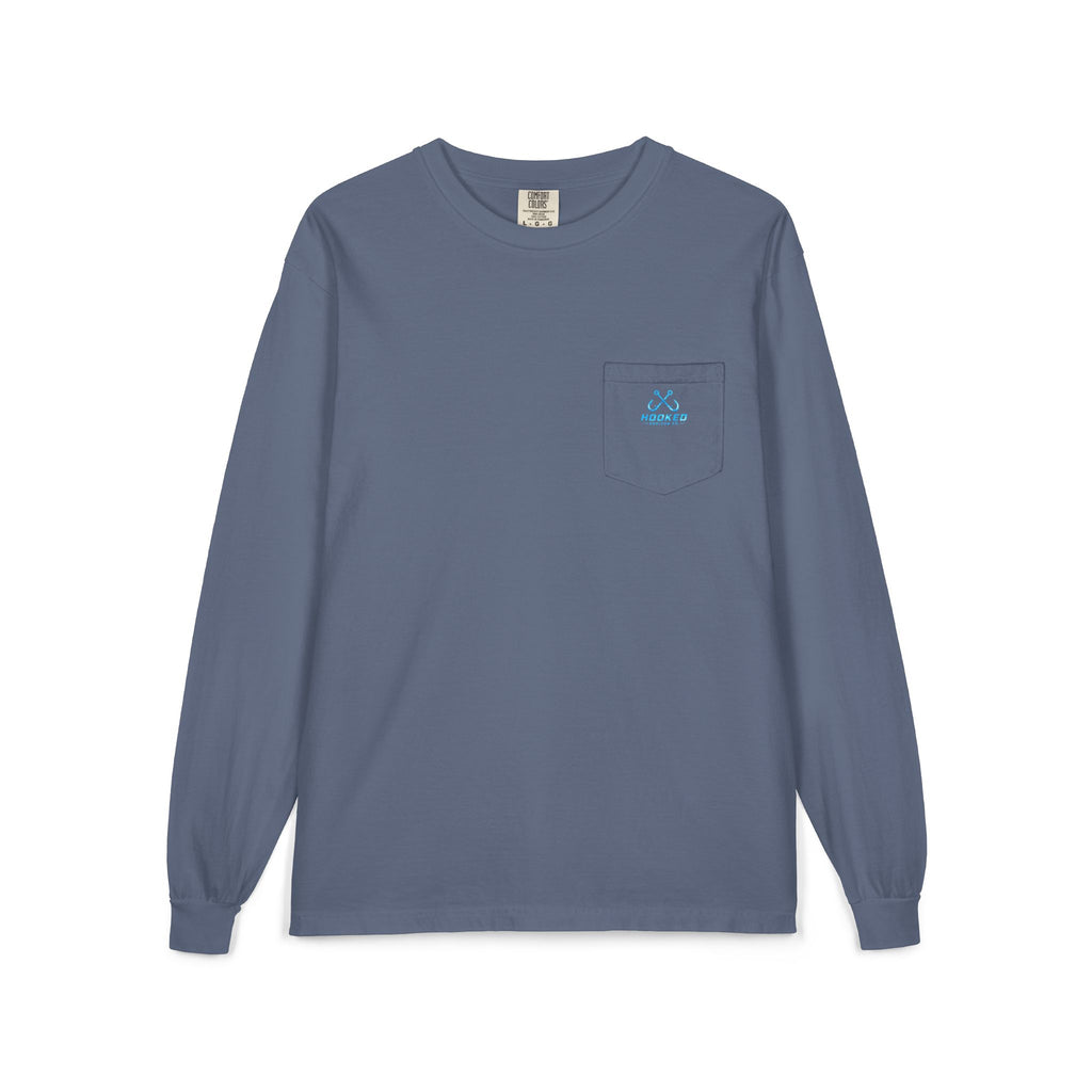 Bright Blue Hooked Horizon Co.  Classic Logo Unisex Long Sleeve Pocket T-Shirt