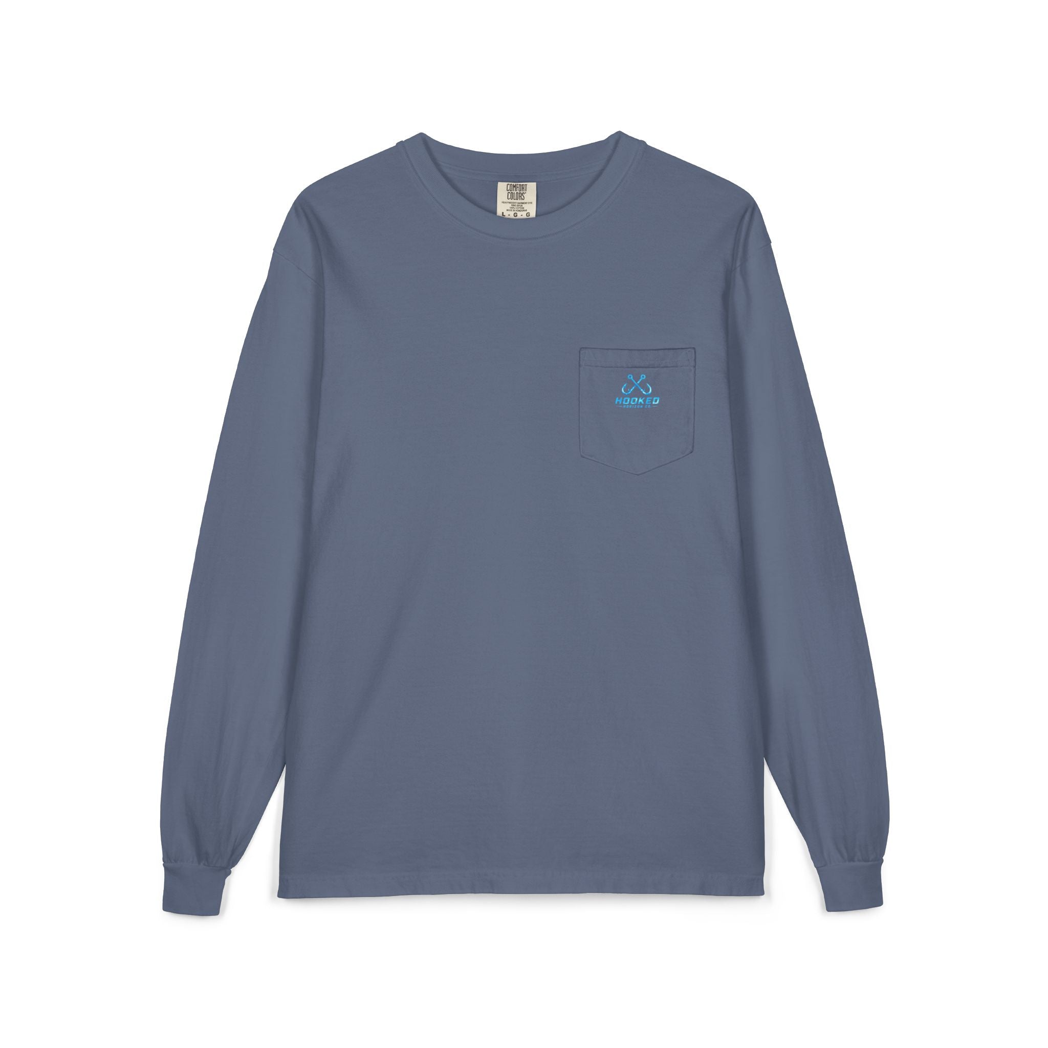 Bright Blue Hooked Horizon Co.  Classic Logo Unisex Long Sleeve Pocket T-Shirt