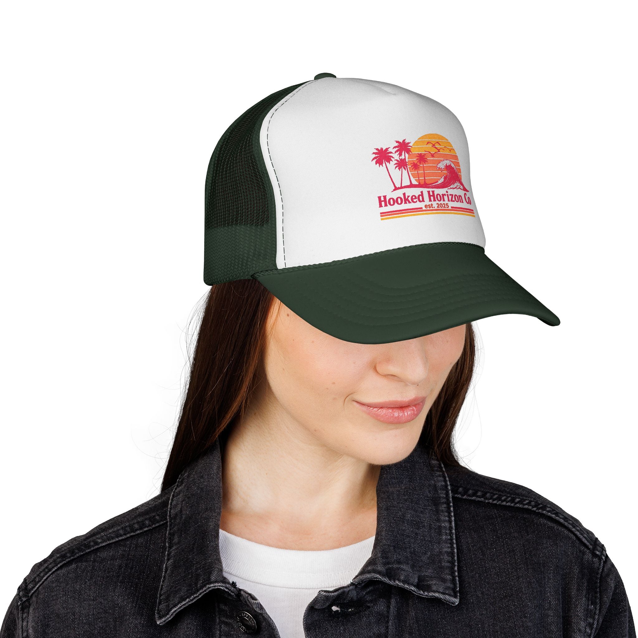 Hooked Horizon Co.  Wave, Sunset & Palm Tree 90s Inspired Trucker Cap — Outdoor & Beach Hat Ocean Conservation Gifts For Him & Her