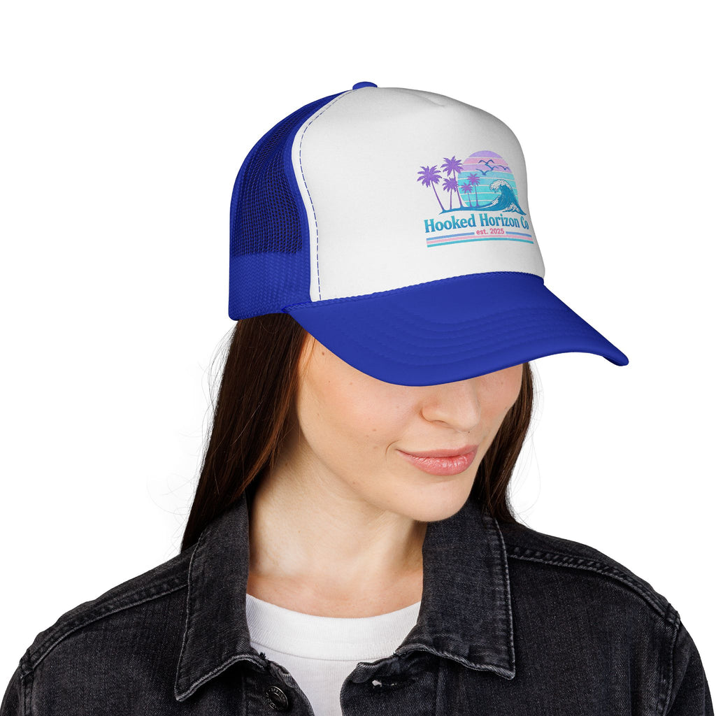 Hooked Horizon Co.  Wave, Sunset & Palm Tree 90s Inspired Trucker Cap in Purple & Blue — Outdoor & Beach Hat Ocean Conservation Gifts For Him & Her
