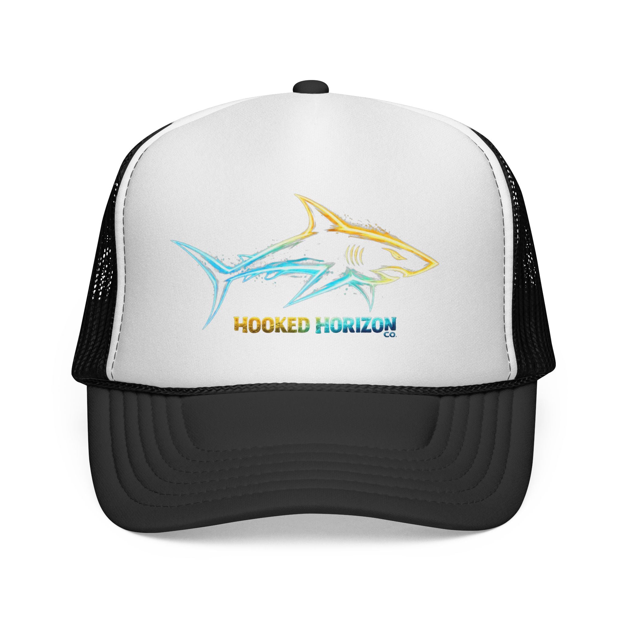 Gold & Blue Shark Trucker Cap — Fishing & Beach Hat