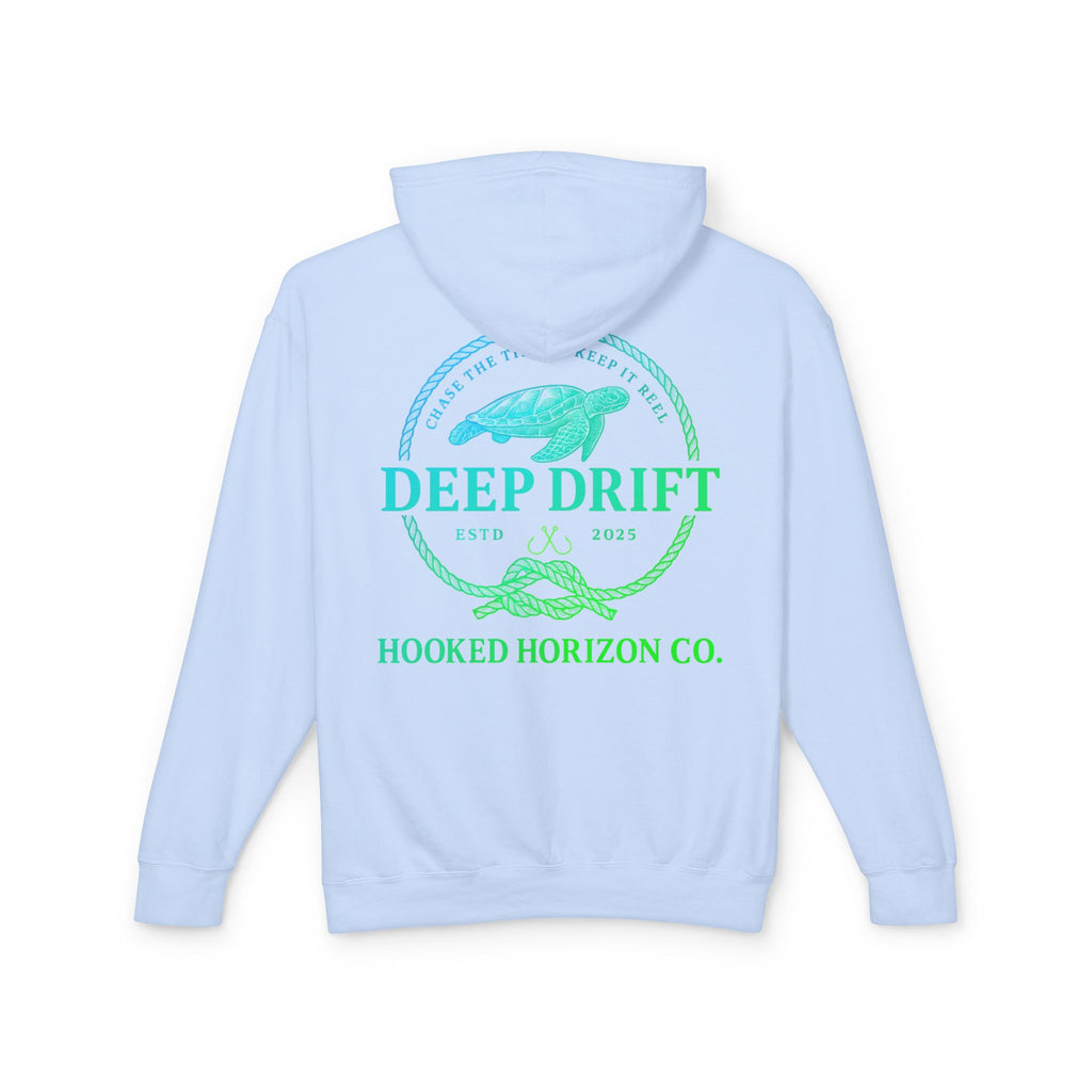 Hooked Horizon Co Green & Blue Unisex Lightweight Hoodie with Deep Drift Design | Perfect for Fishermen, Beach Lovers, Casual Outings, Gift for Him/Her, Nautical Style,  Ocean Lover Gifts