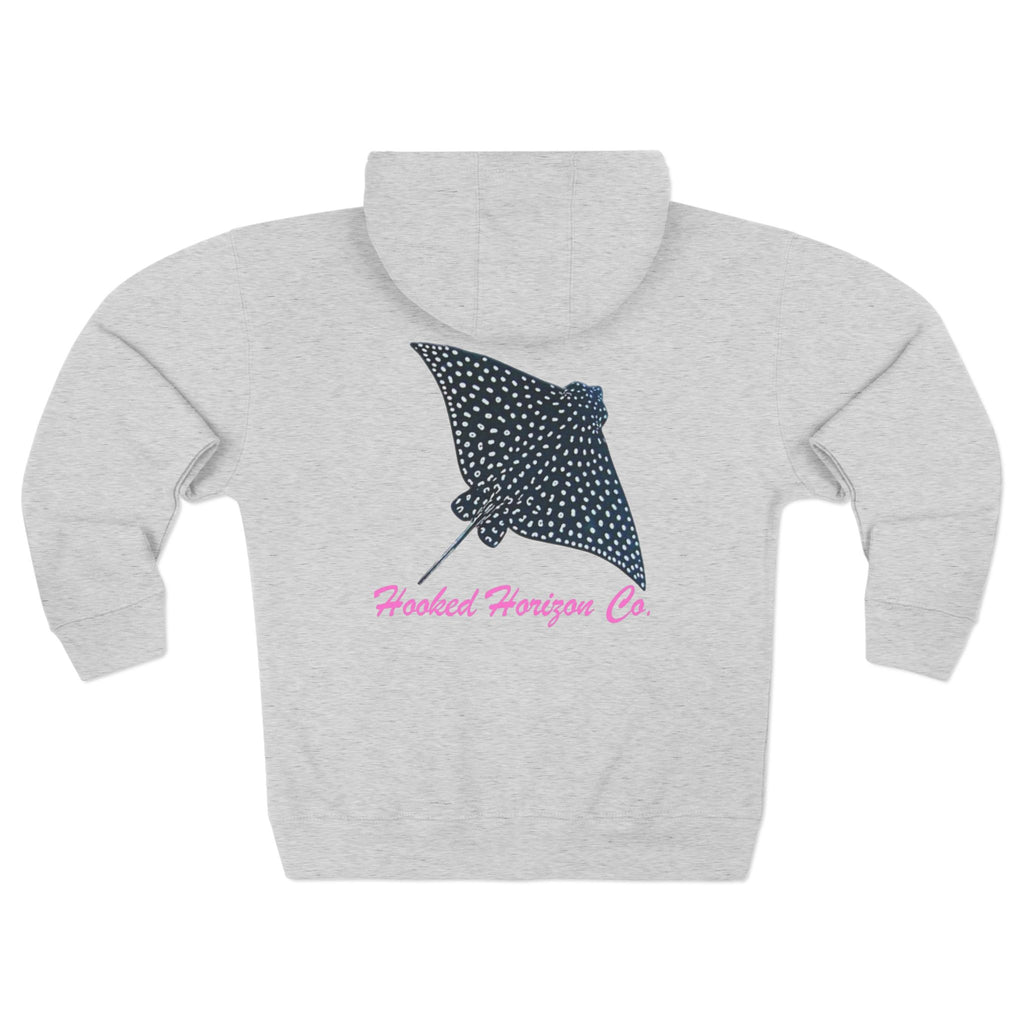 Spotted Ray Neon Pink Deep Drift– Hooked Horizon Co. Unisex Zip Hoodie for Ocean Lovers, Nautical Fashion, Cool Weather Gear, Everyday Comfort, Perfect Gift