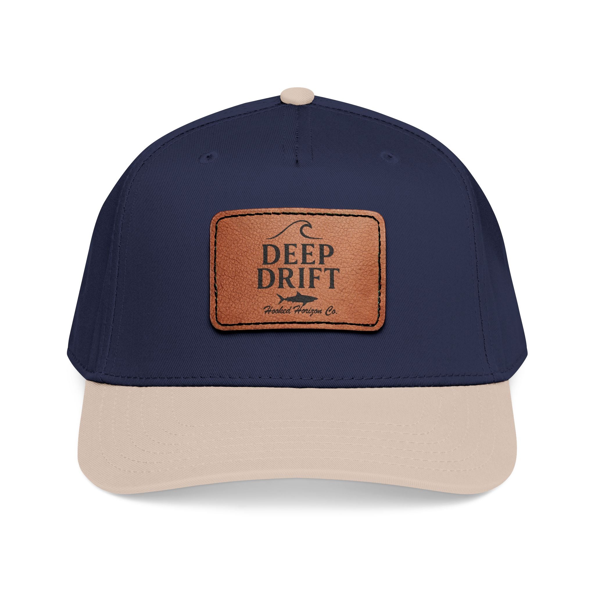 "Deep Drift" Shark Wave Leather Patch Baseball Cap — Hooked Horizon Co. Ocean Wave Logo, Multiple Color Variations