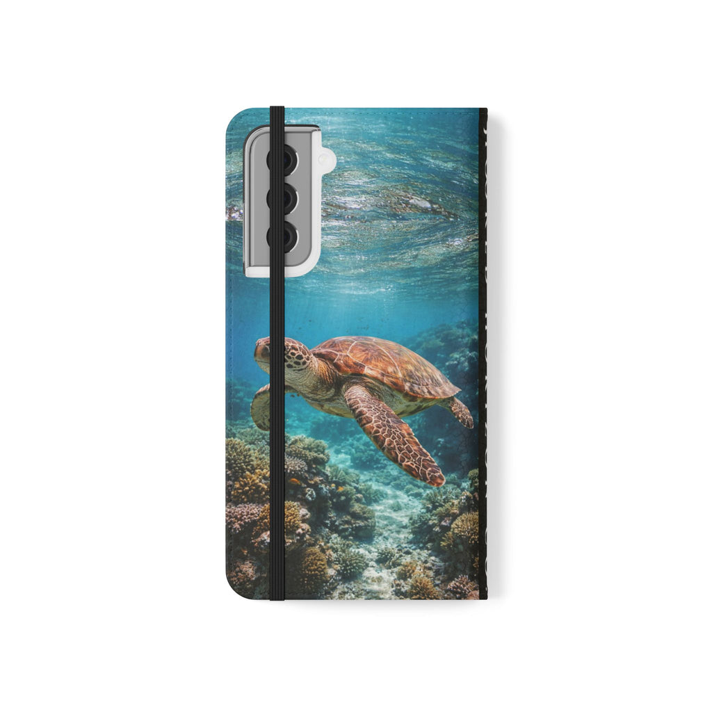 Turtle Hooked Horizon Co Flip Phone Case — Turquoise Water Pattern Wallet Cover