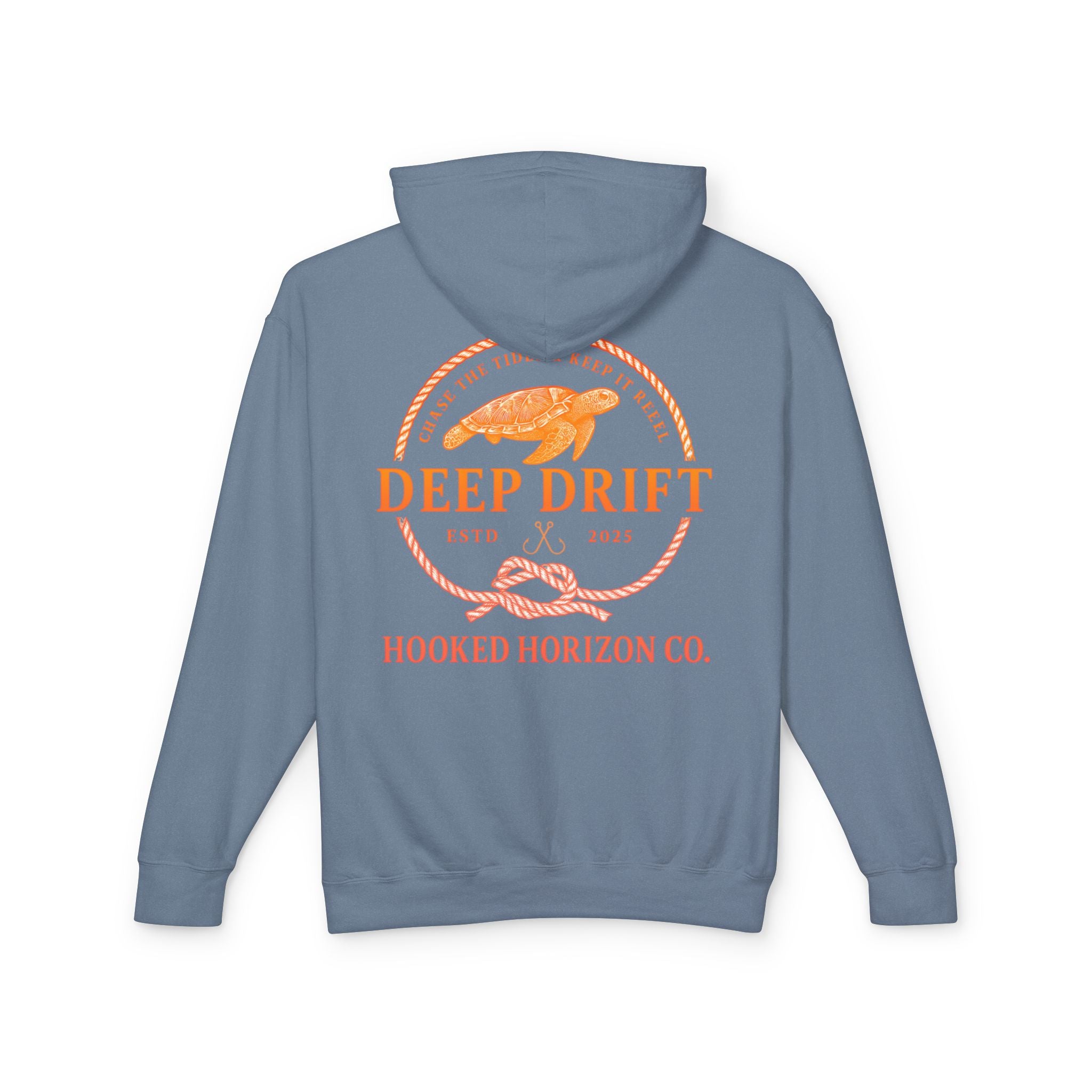 Orange Hooked Horizon Co Unisex Lightweight Hoodie with Deep Drift Design | Perfect for Fishermen, Beach Lovers, Casual Outings, Gift for Him/Her, Nautical Style,  Ocean Lover Gifts