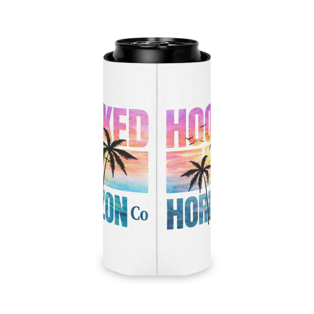 Hooked Horizon Co. Sunset & Palm Tree 90s Inspired Can Cooler – Tropical Sunset Palm Beverage Koozie