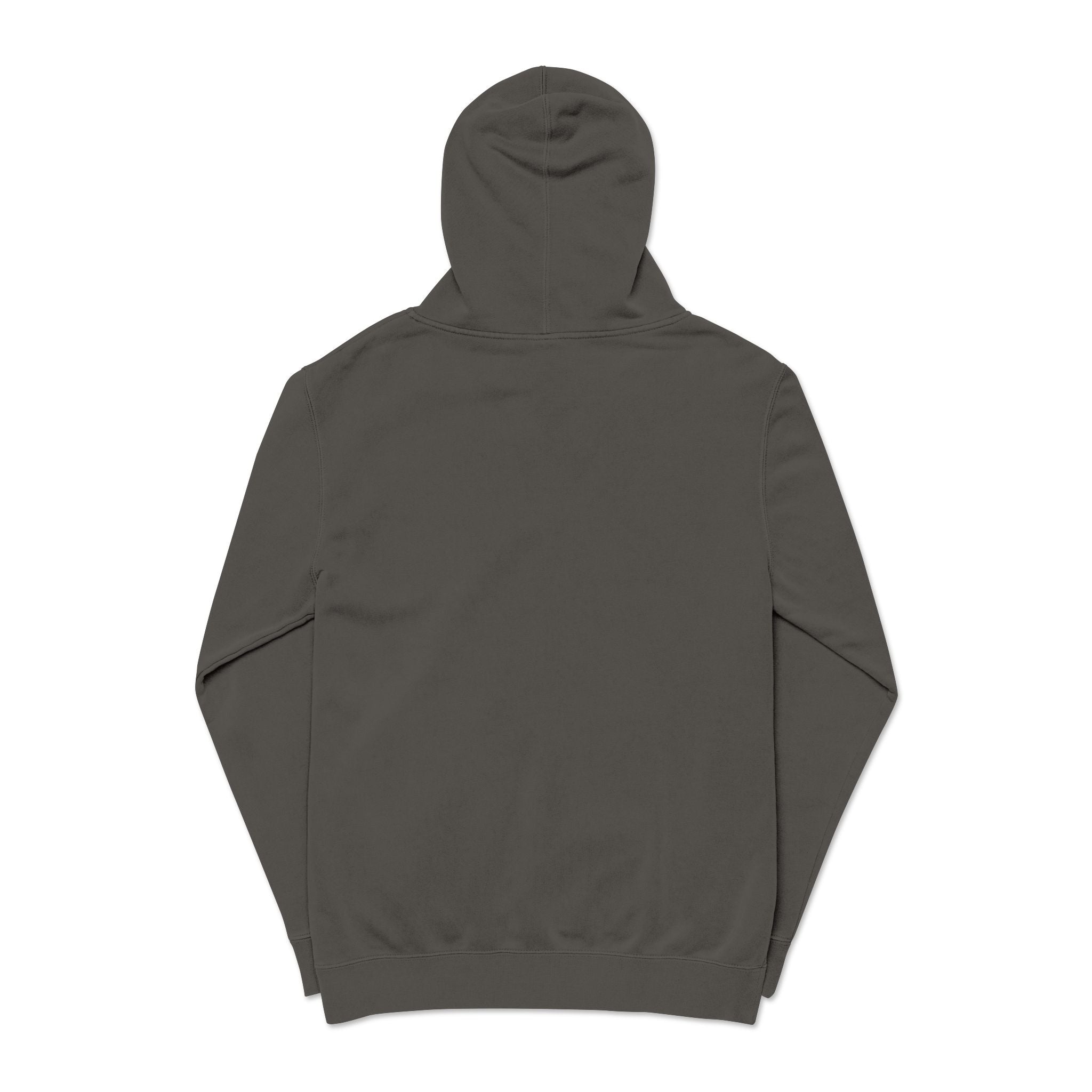 Hooked Horizon Co — Minimal Distrissed Hoodie — Distressed Tiny Text Pigment-Dyed Sweatshirt