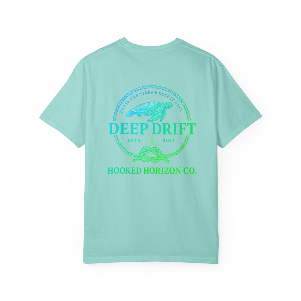 Deep Drift Fishing T-Shirt - Green & Blue Fishing Tee for Angler Lovers, Hammer Head Shark, Ocean Tee