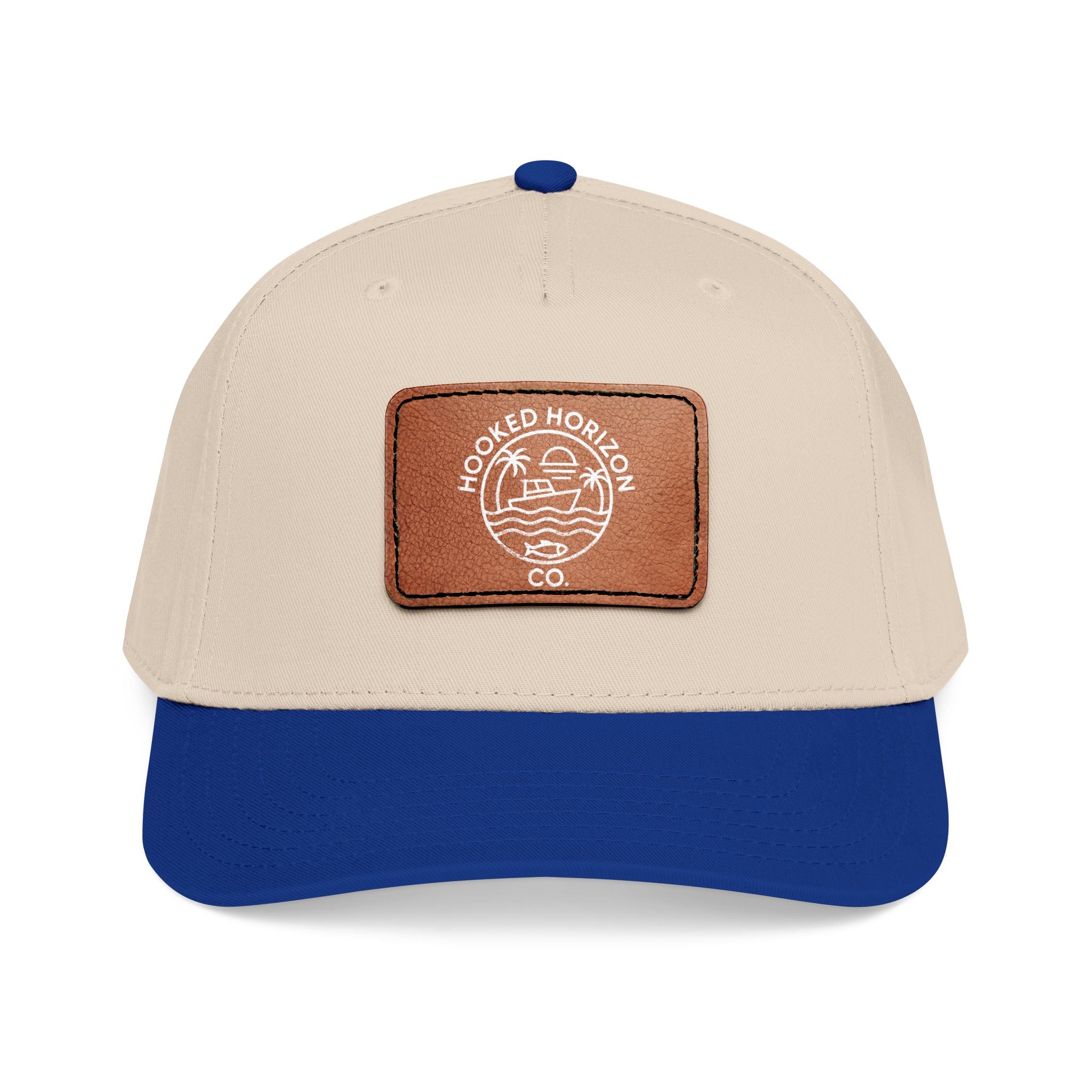 Hooked Horizon Co. 80s Inspired Logo–Leather Patch Baseball Cap — Hooked Horizon Co. Fishing Boat, Multiple Color Variations