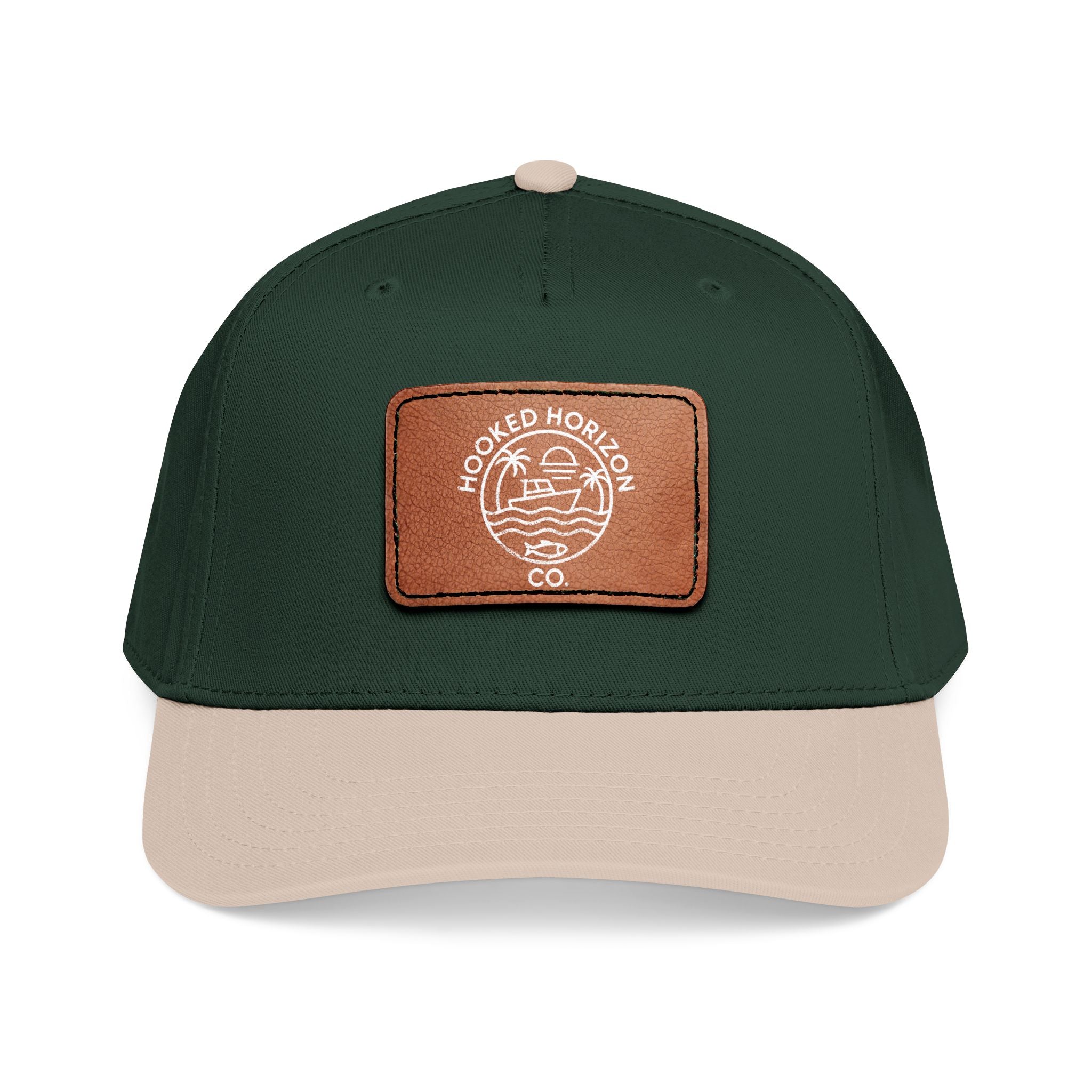 Hooked Horizon Co. 80s Inspired Logo–Leather Patch Baseball Cap — Hooked Horizon Co. Fishing Boat, Multiple Color Variations