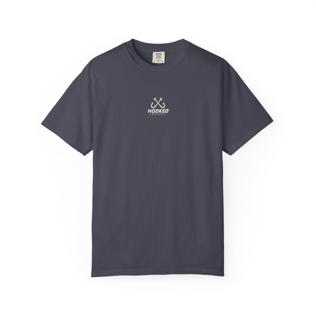 USA Triple Shark Hooked Horizon Co. — "Chasing Legends" Deep Drift Fishing Graphicishing Tee for Angler Lovers, Shark Lovers, Ocean Tee