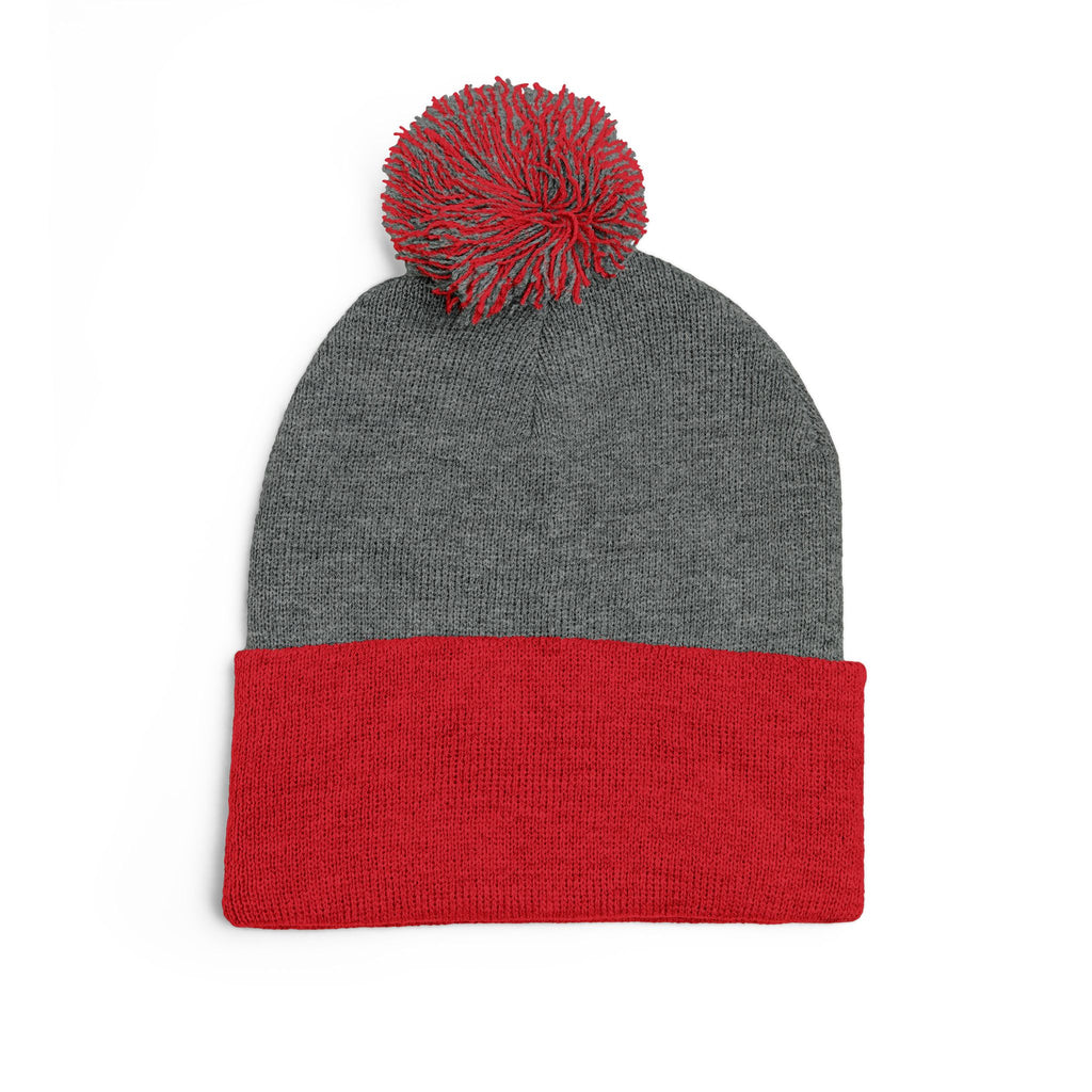 Hooked Horizon Co. Embroidered Pom-Pom Knit Cap — Cozy Grey Beanie with Multiple Color Variations