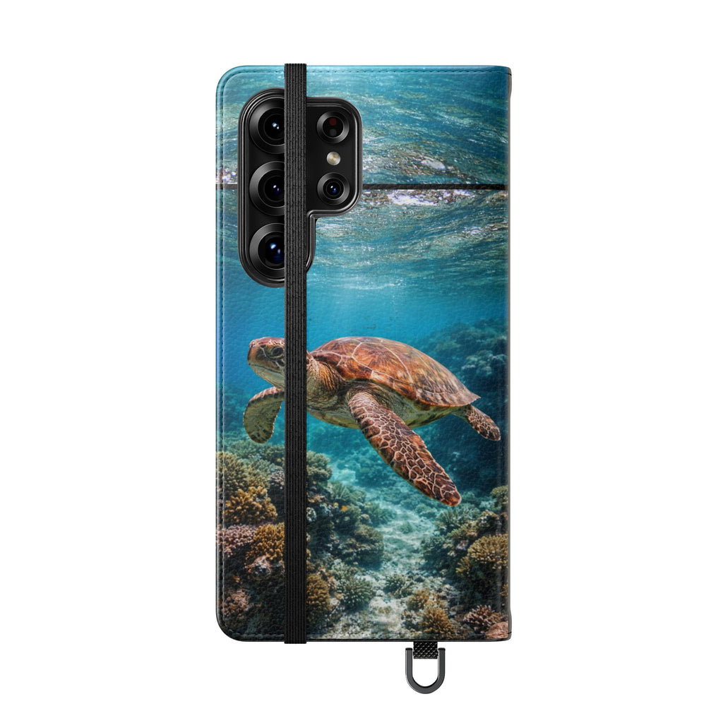 Turtle Hooked Horizon Co Flip Phone Case — Turquoise Water Pattern Wallet Cover