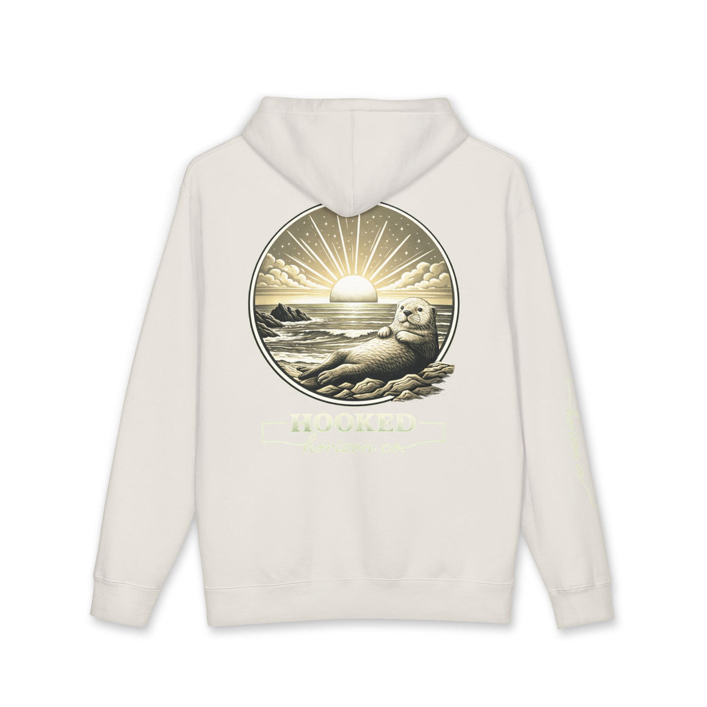 Sea Otter & Sunset Hoodie Hooked Horizon Co. — Minimal Fishing Back Graphic Hoodie, Multiple Color Variations