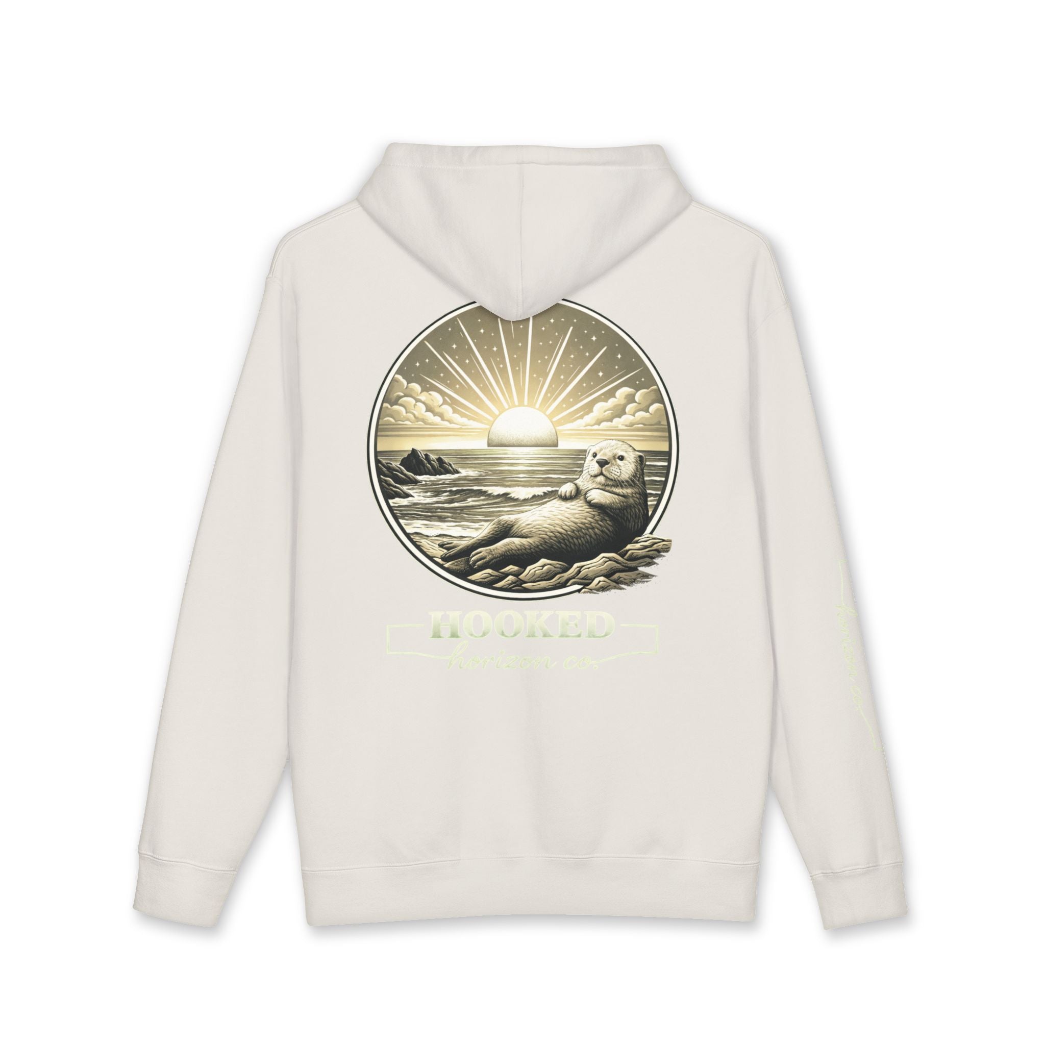 Sea Otter & Sunset Hoodie Hooked Horizon Co. — Minimal Fishing Back Graphic Hoodie, Multiple Color Variations