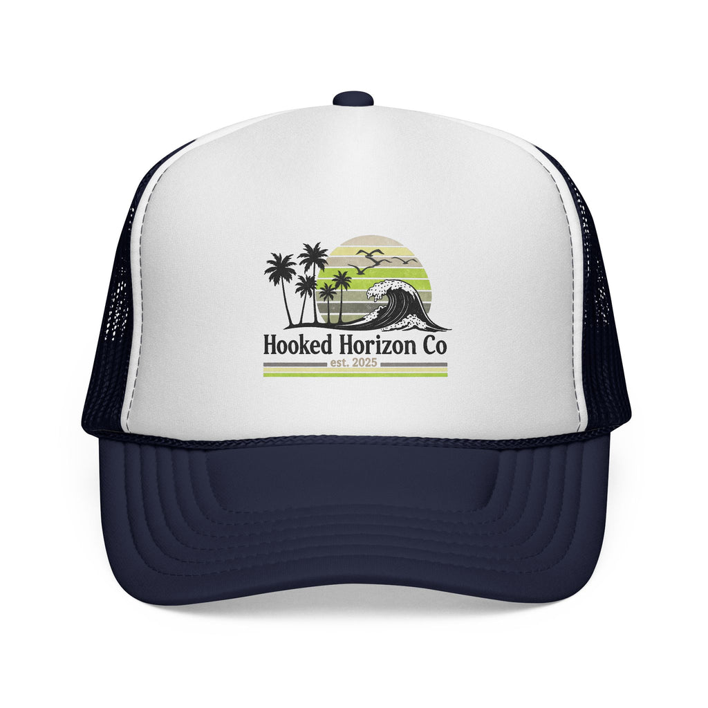 Hooked Horizon Co.  Sunset & Palm Tree 90s Inspired Trucker Cap — Outdoor & Beach Hat Ocean Conservation Gifts For Him & Her