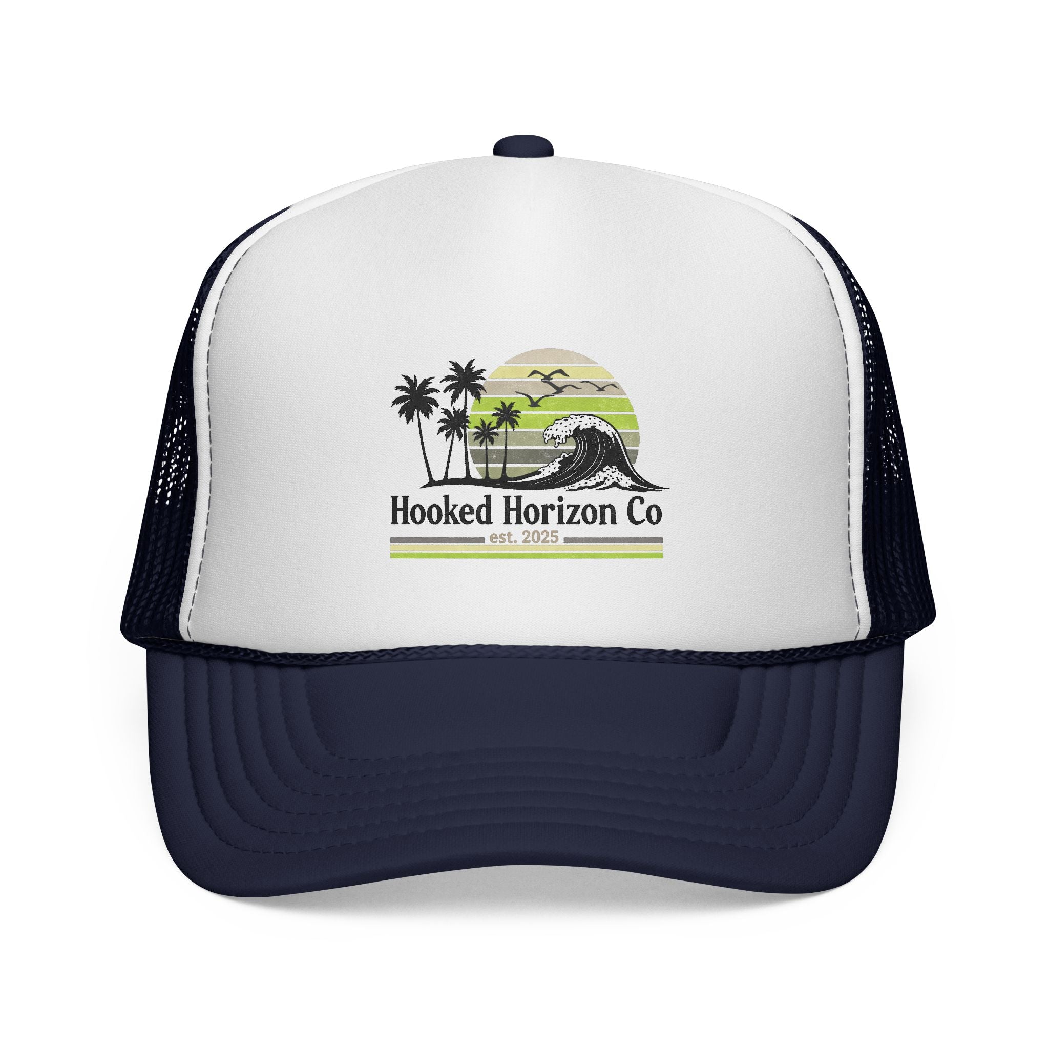 Hooked Horizon Co.  Sunset & Palm Tree 90s Inspired Trucker Cap — Outdoor & Beach Hat Ocean Conservation Gifts For Him & Her