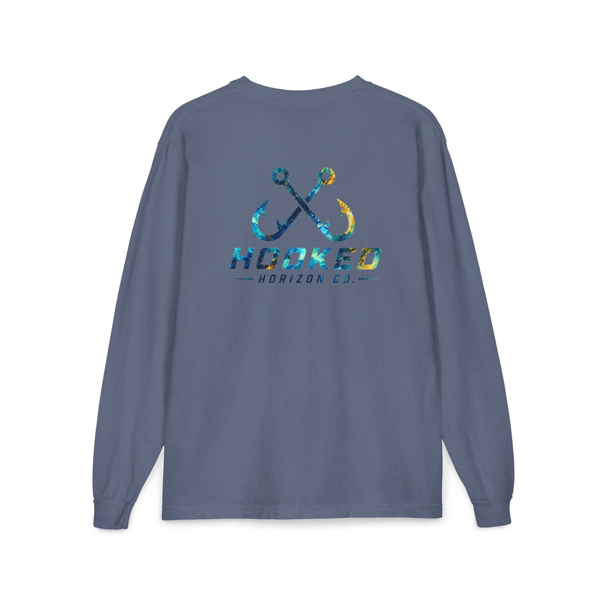 Blue & Gold Hooked Horizon Co.  Classic Logo Unisex Long Sleeve Pocket T-Shirt