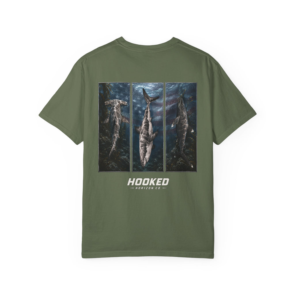 USA Triple Shark Hooked Horizon Co. — "Chasing Legends" Deep Drift Fishing Graphicishing Tee for Angler Lovers, Shark Lovers, Ocean Tee