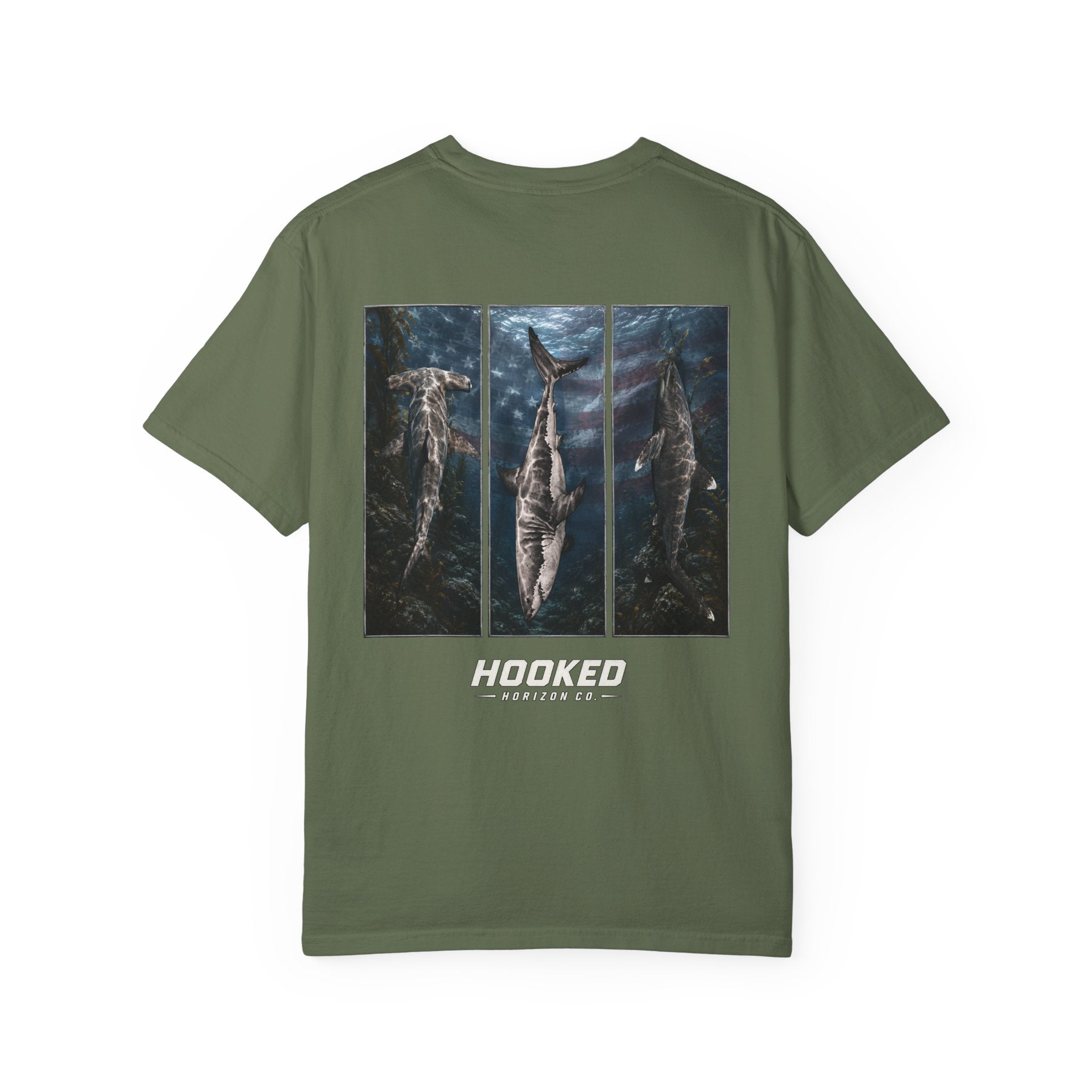 USA Triple Shark Hooked Horizon Co. — "Chasing Legends" Deep Drift Fishing Graphicishing Tee for Angler Lovers, Shark Lovers, Ocean Tee