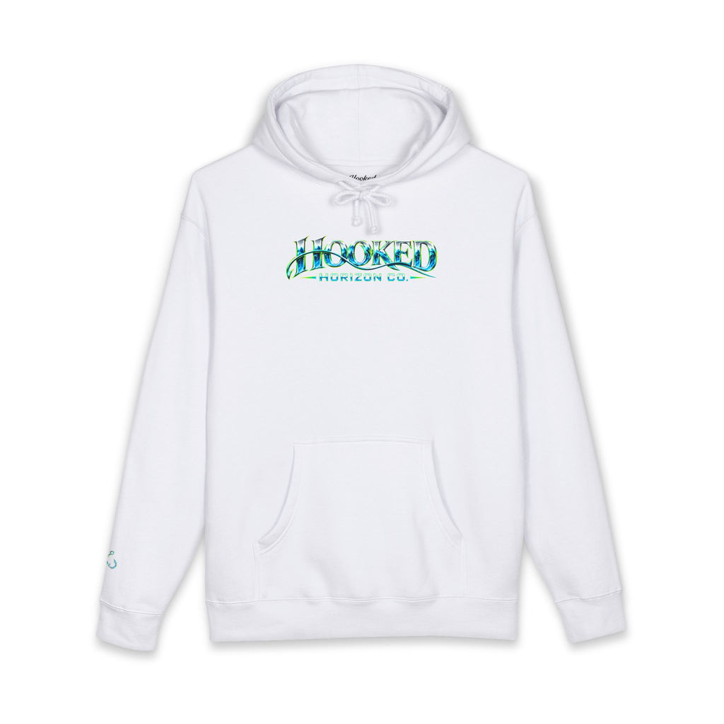Barracuda Like Green Logo Hoodie—Hooked Horizon Co. — Fishing Back Graphic Hoodie, Multiple Color Variations