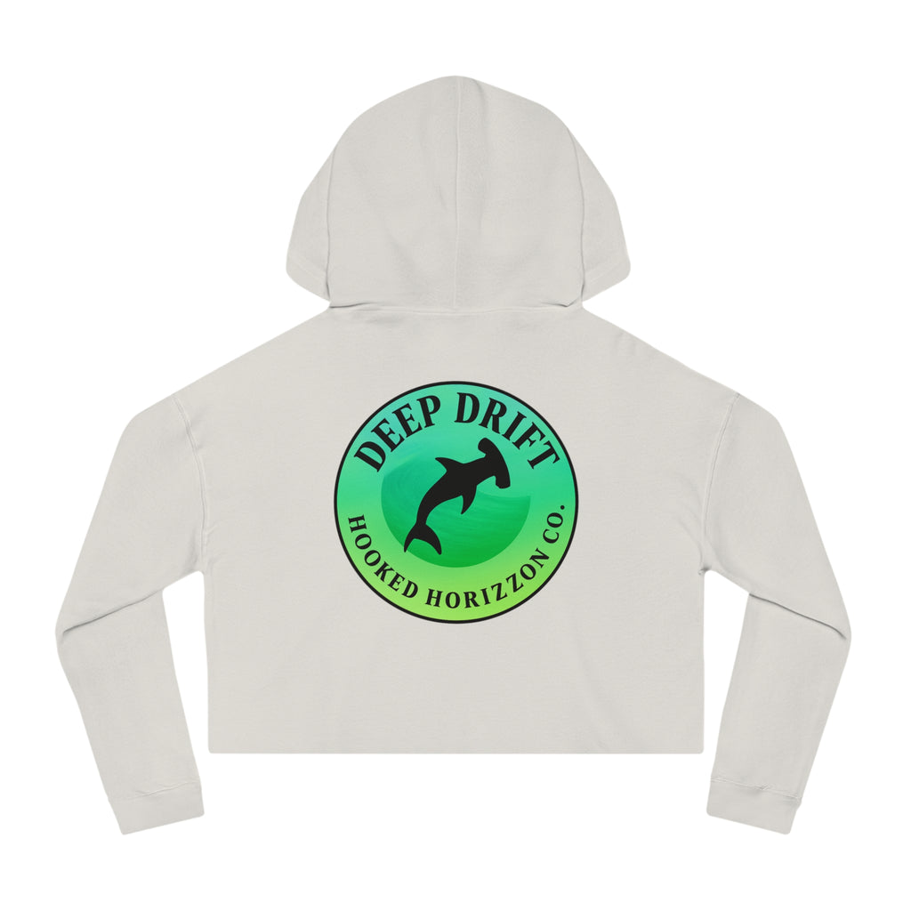 Green Hammer Head Shark Cropped Hoodie — "Deep Drift on the Water" Fishing Graphic