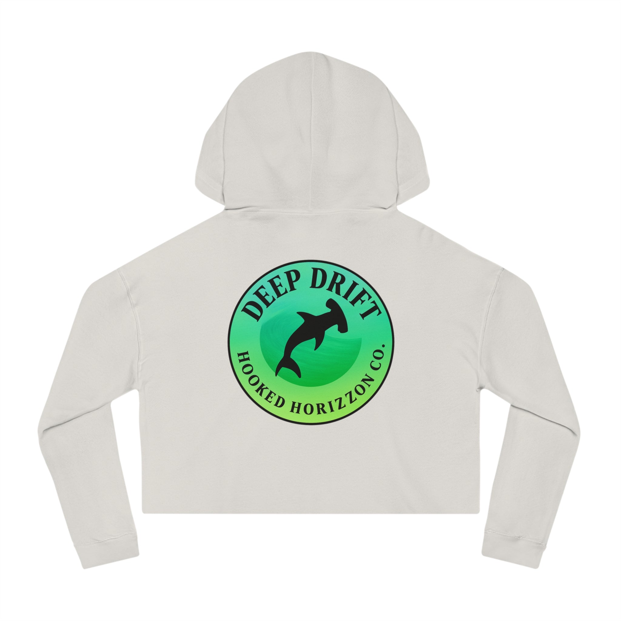 Green Hammer Head Shark Cropped Hoodie — "Deep Drift on the Water" Fishing Graphic
