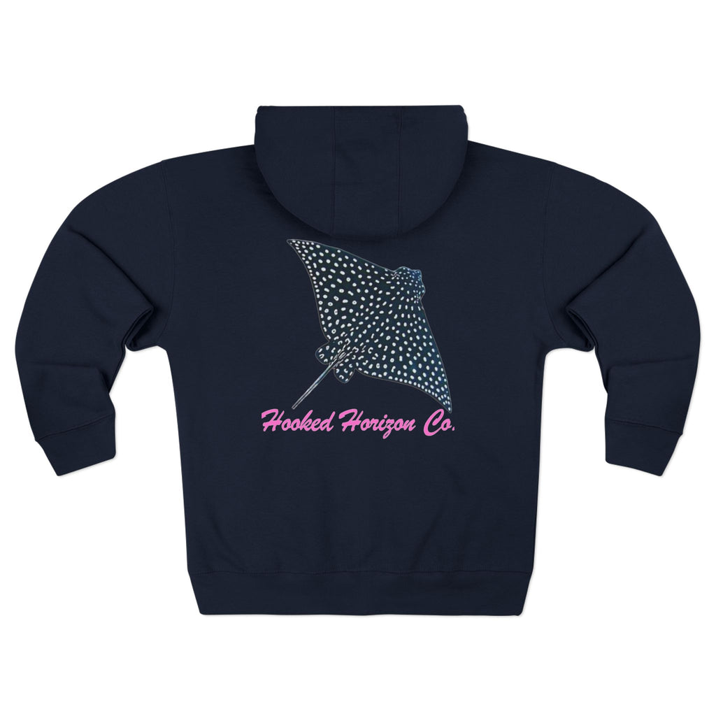 Spotted Ray Neon Pink Deep Drift– Hooked Horizon Co. Unisex Zip Hoodie for Ocean Lovers, Nautical Fashion, Cool Weather Gear, Everyday Comfort, Perfect Gift
