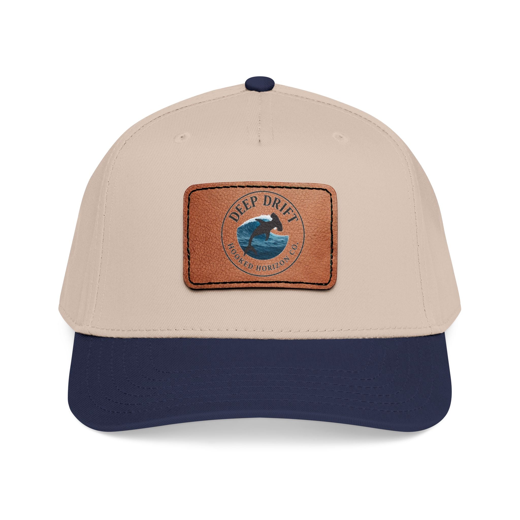 Deep Drift Leather Patch Baseball Cap — Hooked Horizon Co. Ocean Wave Logo, Multiple Color Variations