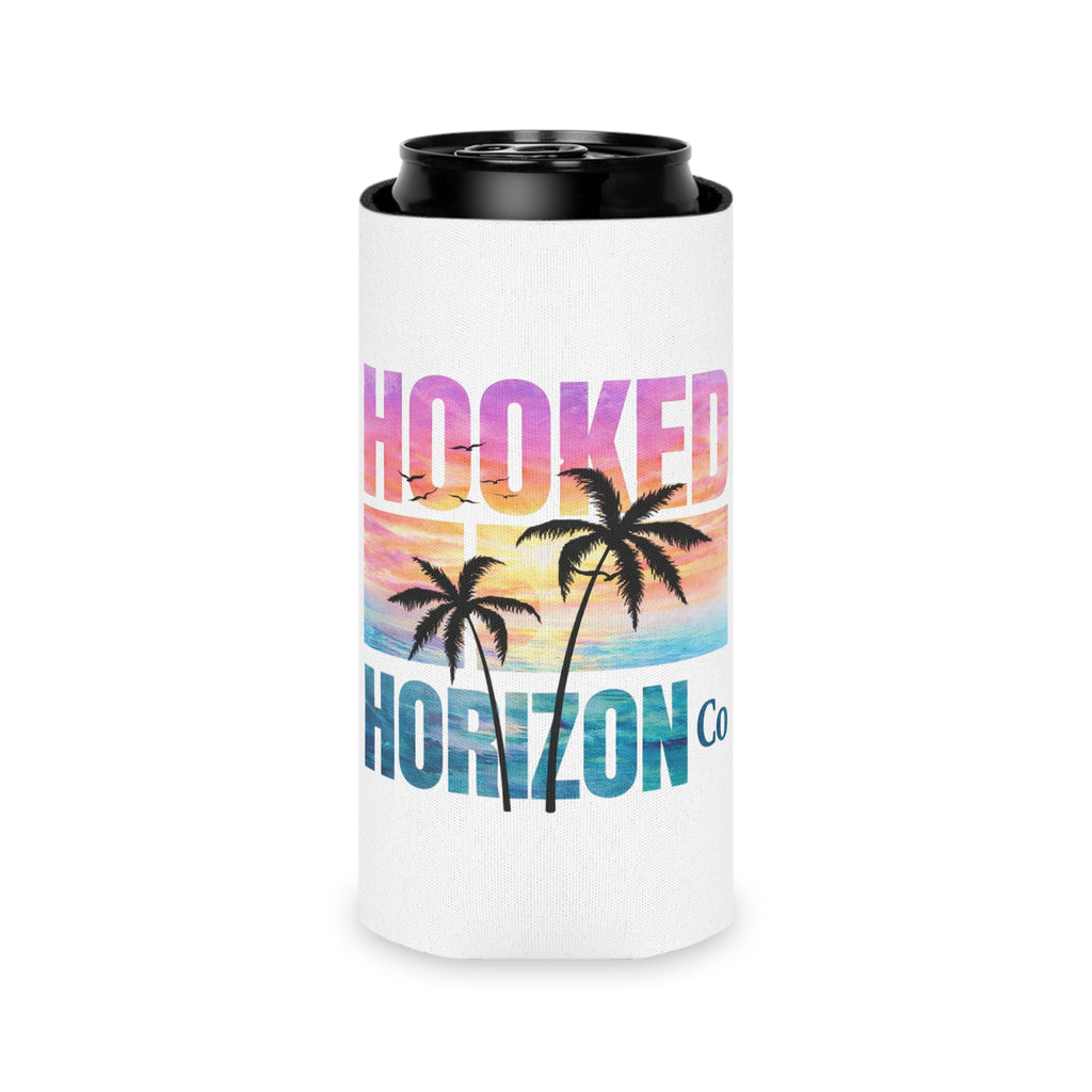 Hooked Horizon Co. Sunset & Palm Tree 90s Inspired Can Cooler – Tropical Sunset Palm Beverage Koozie