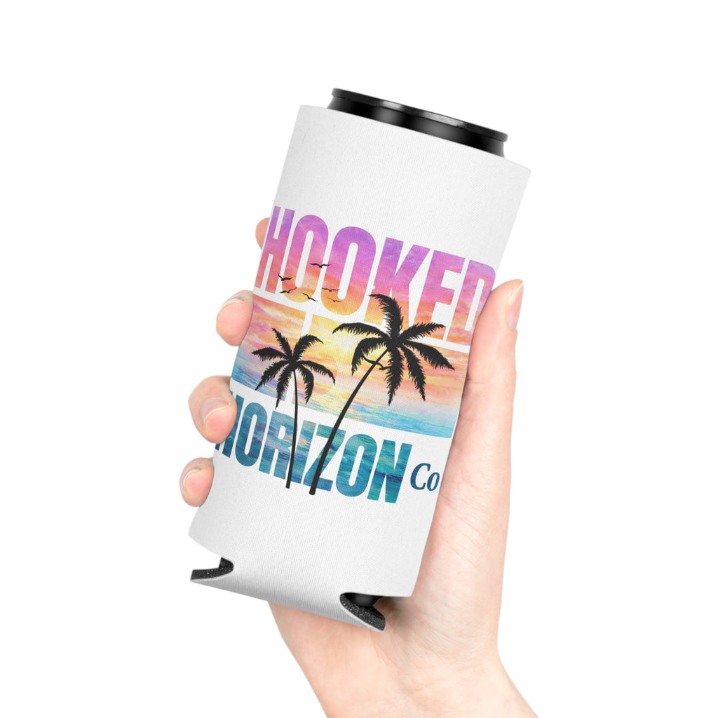 Hooked Horizon Co. Sunset & Palm Tree 90s Inspired Can Cooler – Tropical Sunset Palm Beverage Koozie