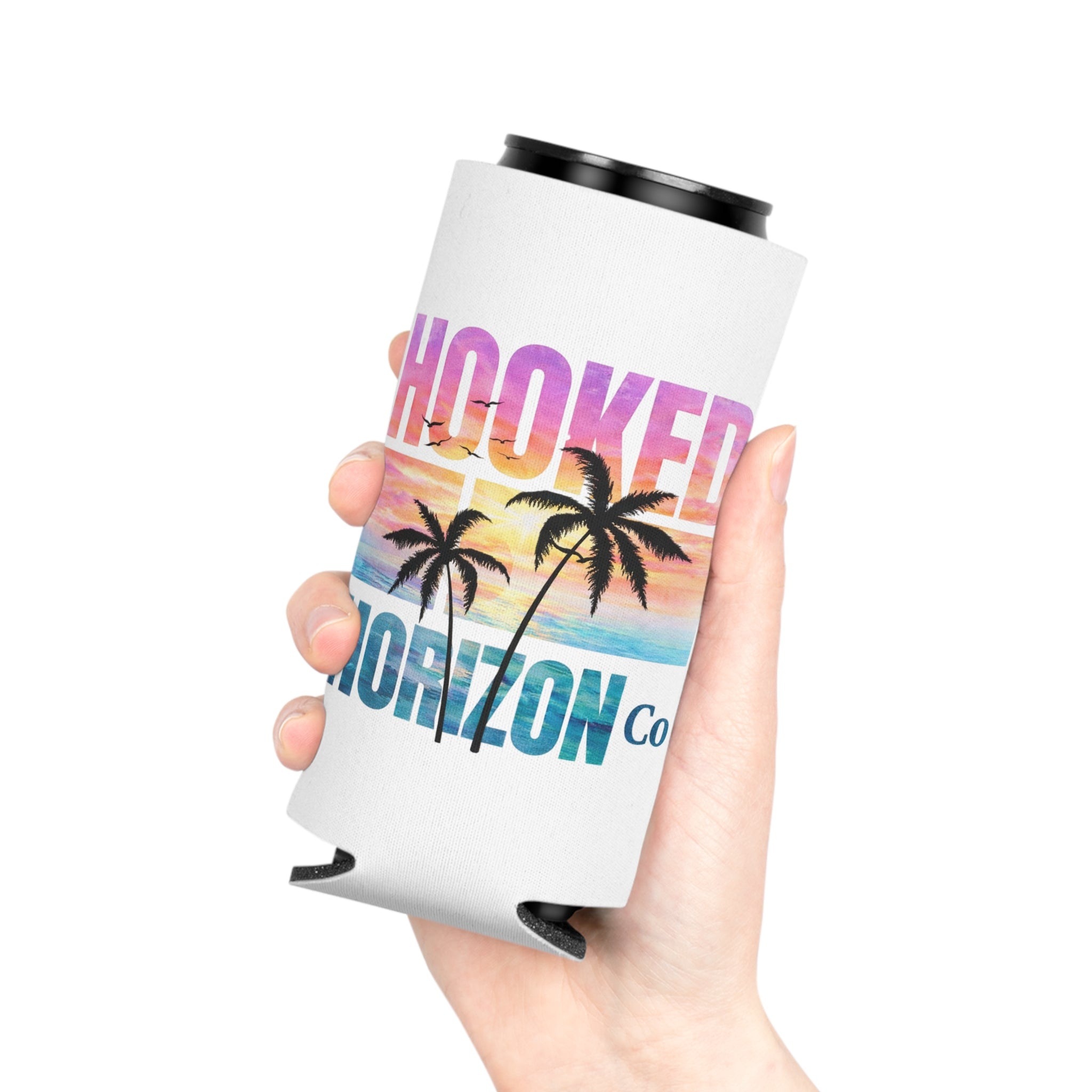 Hooked Horizon Co. Sunset & Palm Tree 90s Inspired Can Cooler – Tropical Sunset Palm Beverage Koozie