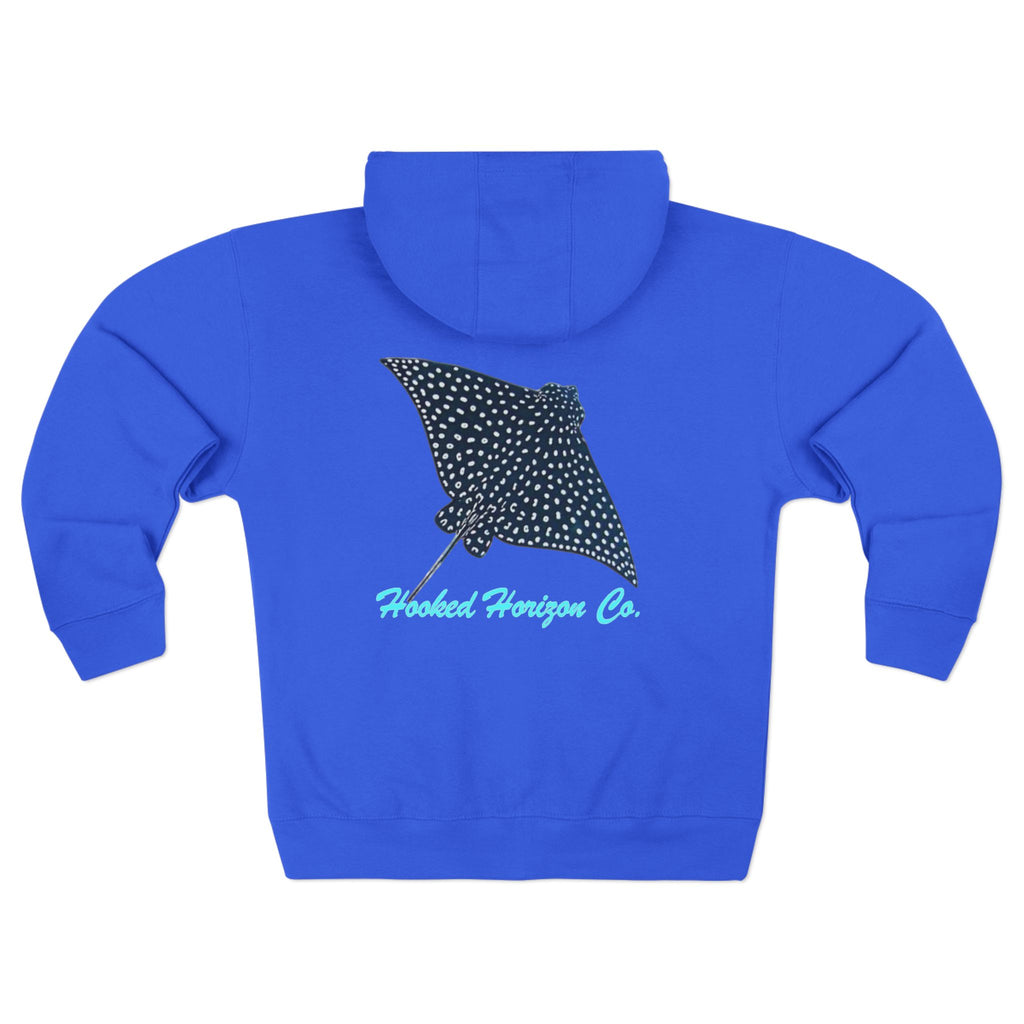 Spotted Ray Neon Blue Deep Drift – Hooked Horizon C. No Bull All BiteUnisex Zip Hoodie for Ocean Lovers, Nautical Fashion, Cool Weather Gear, Everyday Comfort, Perfect Gift