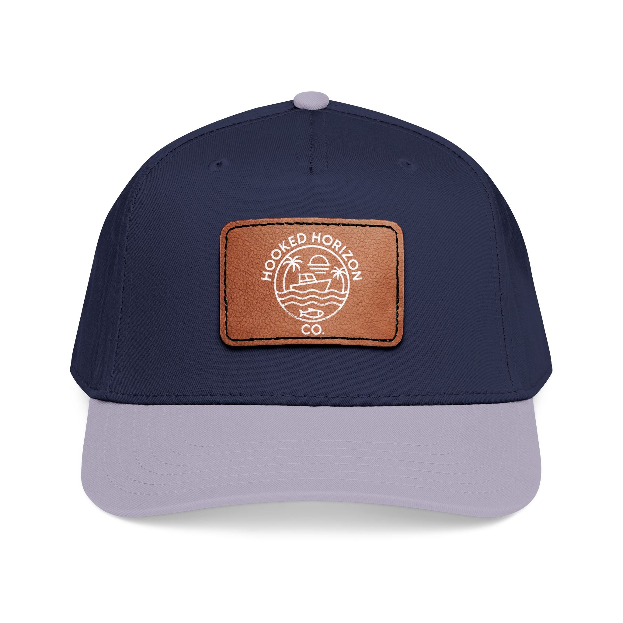Hooked Horizon Co. 80s Inspired Logo–Leather Patch Baseball Cap — Hooked Horizon Co. Fishing Boat, Multiple Color Variations