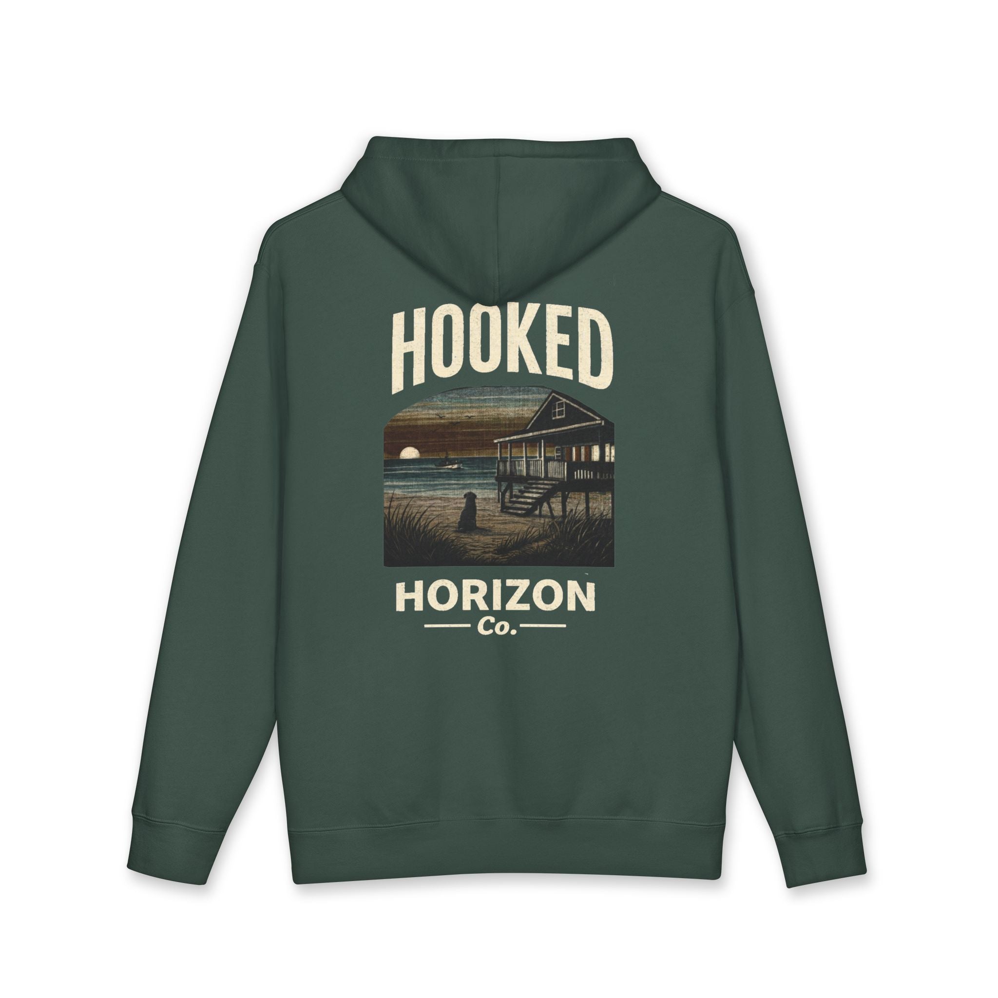 Dog & Sunset Hoodie Hooked Horizon Co. — Minimal Fishing Back Graphic Hoodie, Multiple Color Variations