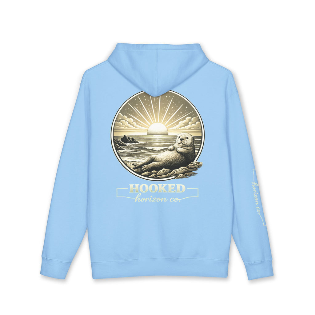 Sea Otter & Sunset Hoodie Hooked Horizon Co. — Minimal Fishing Back Graphic Hoodie, Multiple Color Variations