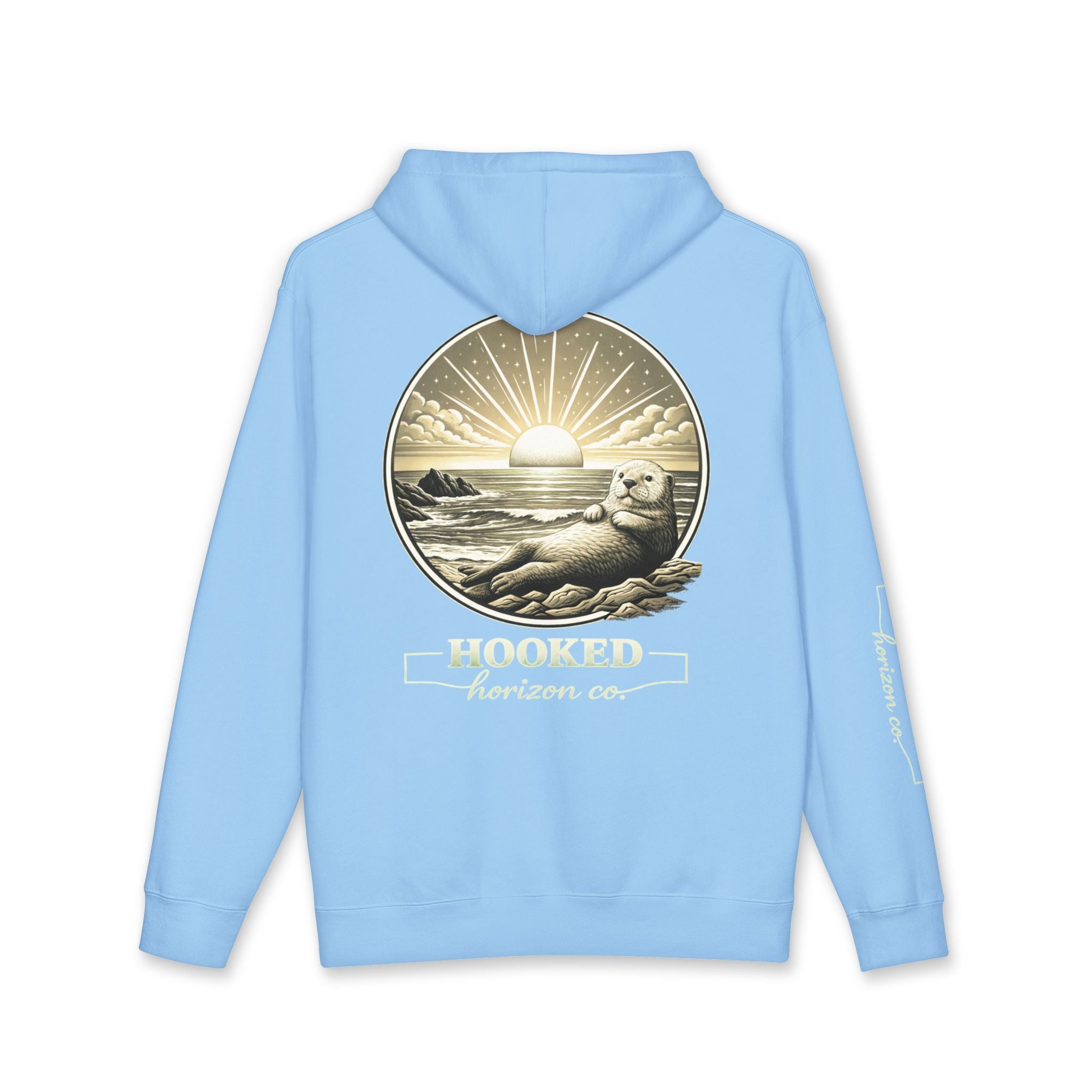 Sea Otter & Sunset Hoodie Hooked Horizon Co. — Minimal Fishing Back Graphic Hoodie, Multiple Color Variations