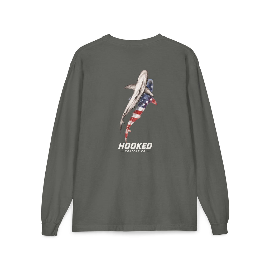 USA Shark Hooked Horizon Co.  Classic Logo Unisex Long Sleeve Pocket T-Shirt