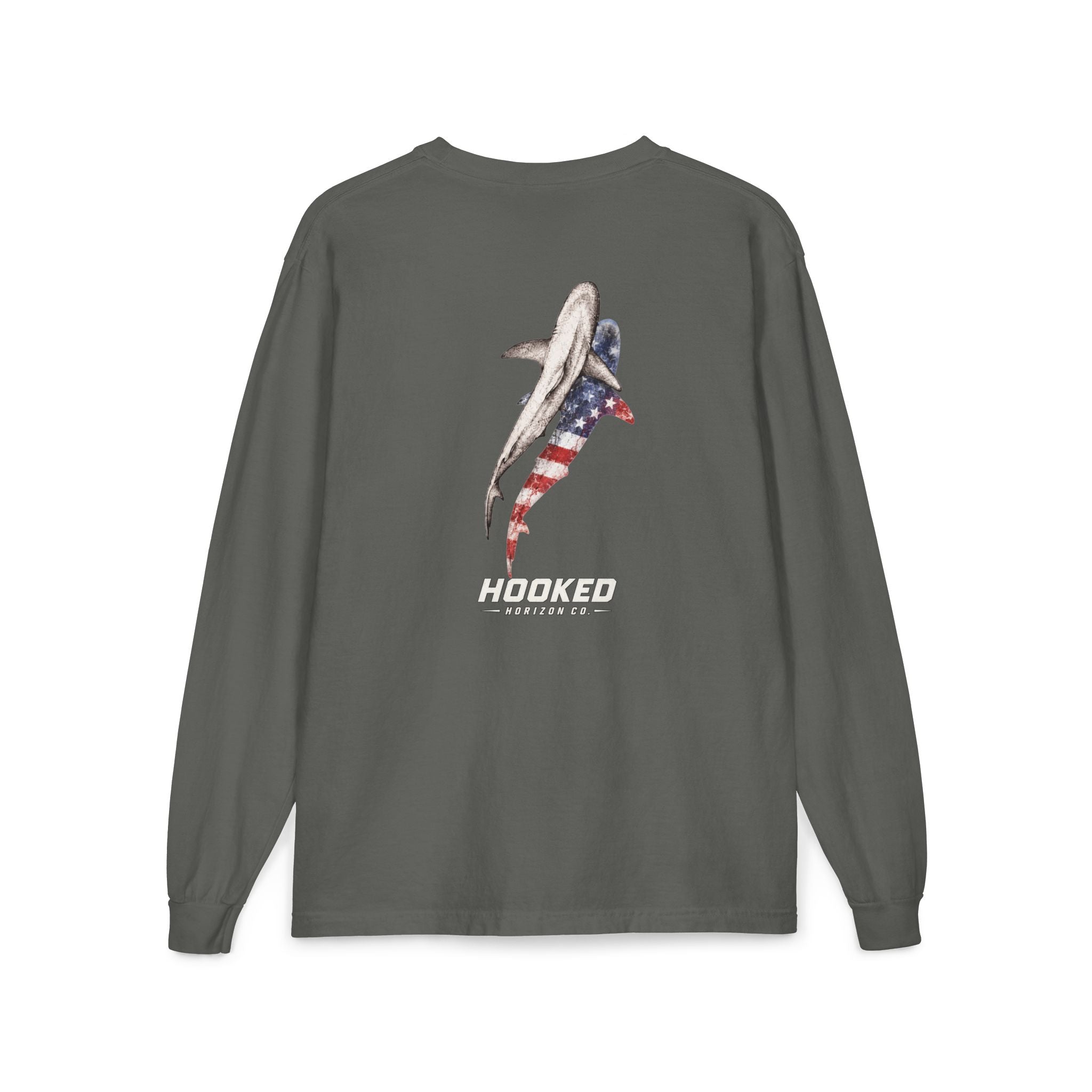 USA Shark Hooked Horizon Co.  Classic Logo Unisex Long Sleeve Pocket T-Shirt