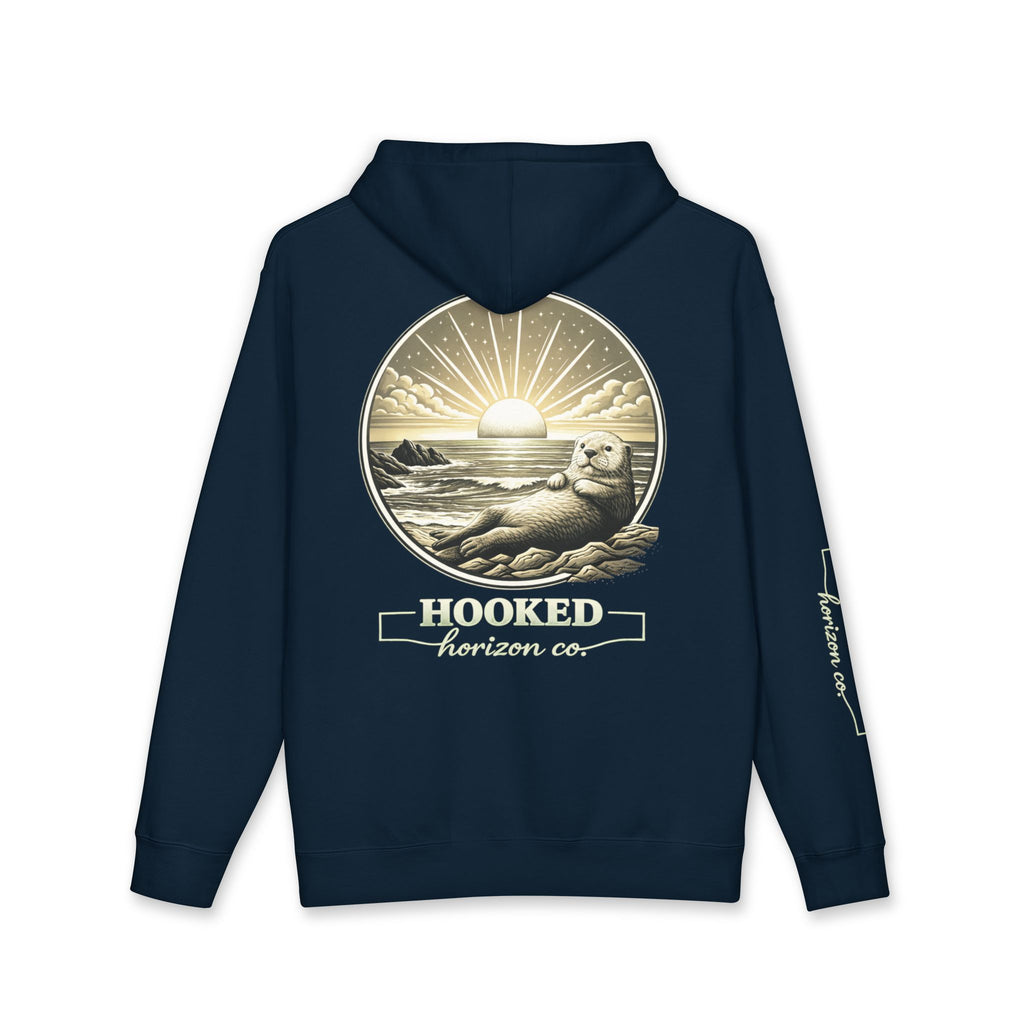 Sea Otter & Sunset Hoodie Hooked Horizon Co. — Minimal Fishing Back Graphic Hoodie, Multiple Color Variations