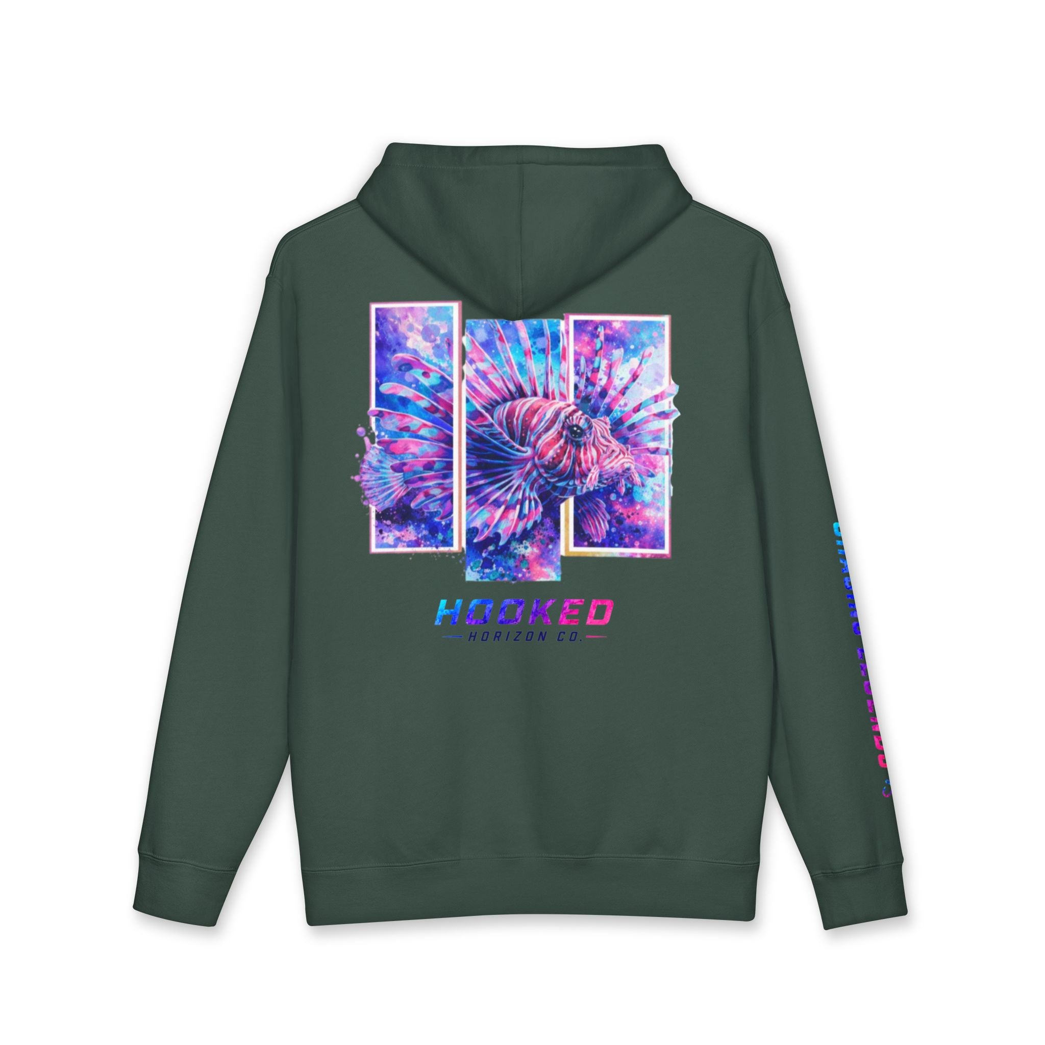 Lion Fish Hoodie Hooked Horizon Co. — Fishing Back Graphic Hoodie, Multiple Color Variations