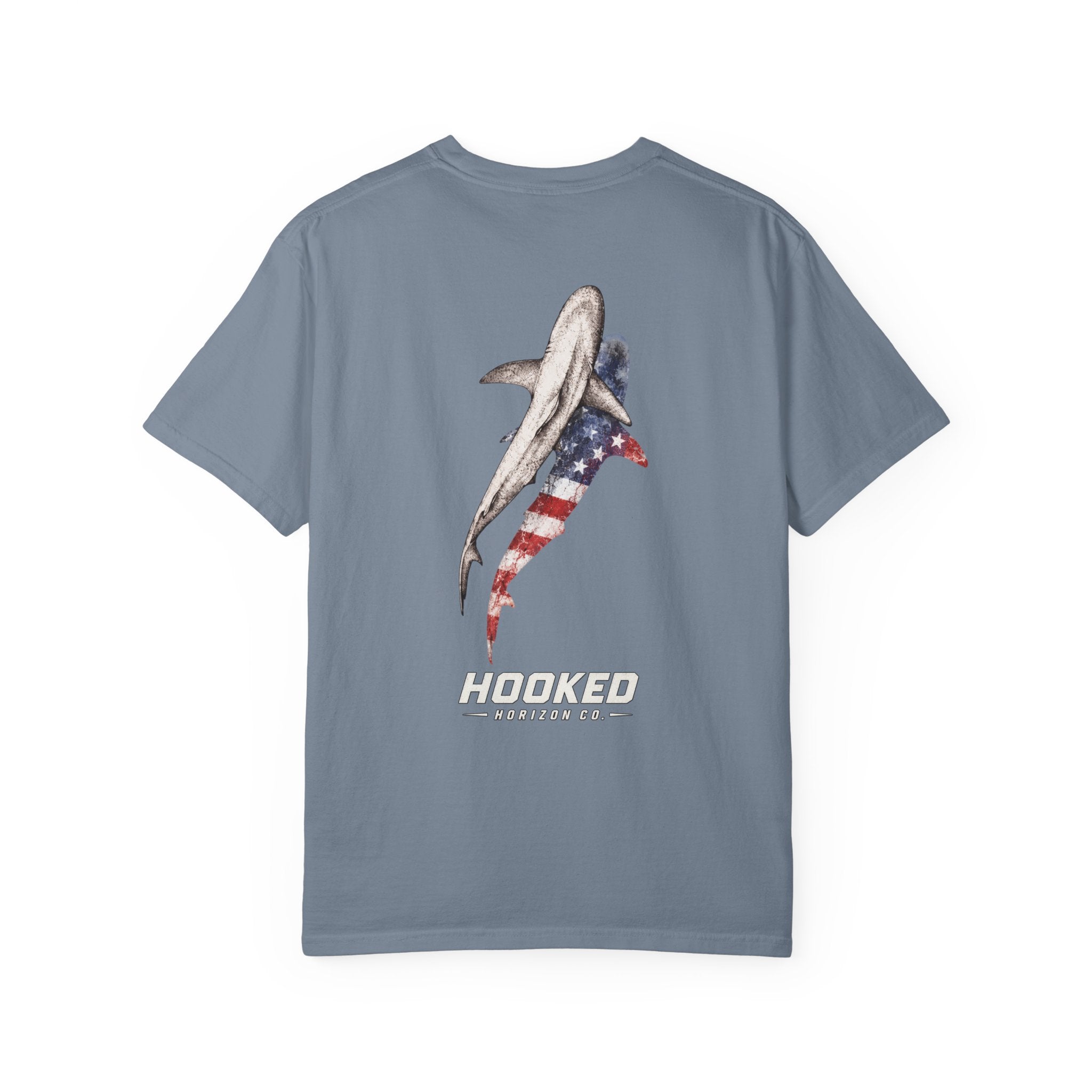 USA Shark Flag T-Shirt — "Hooked Horizon Co." American Fishing Graphic Tee