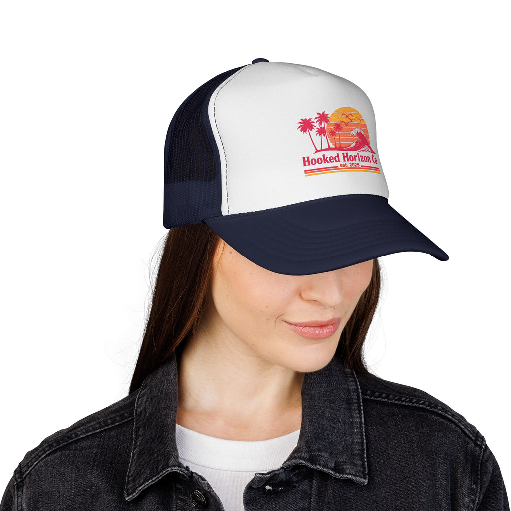 Hooked Horizon Co.  Wave, Sunset & Palm Tree 90s Inspired Trucker Cap — Outdoor & Beach Hat Ocean Conservation Gifts For Him & Her
