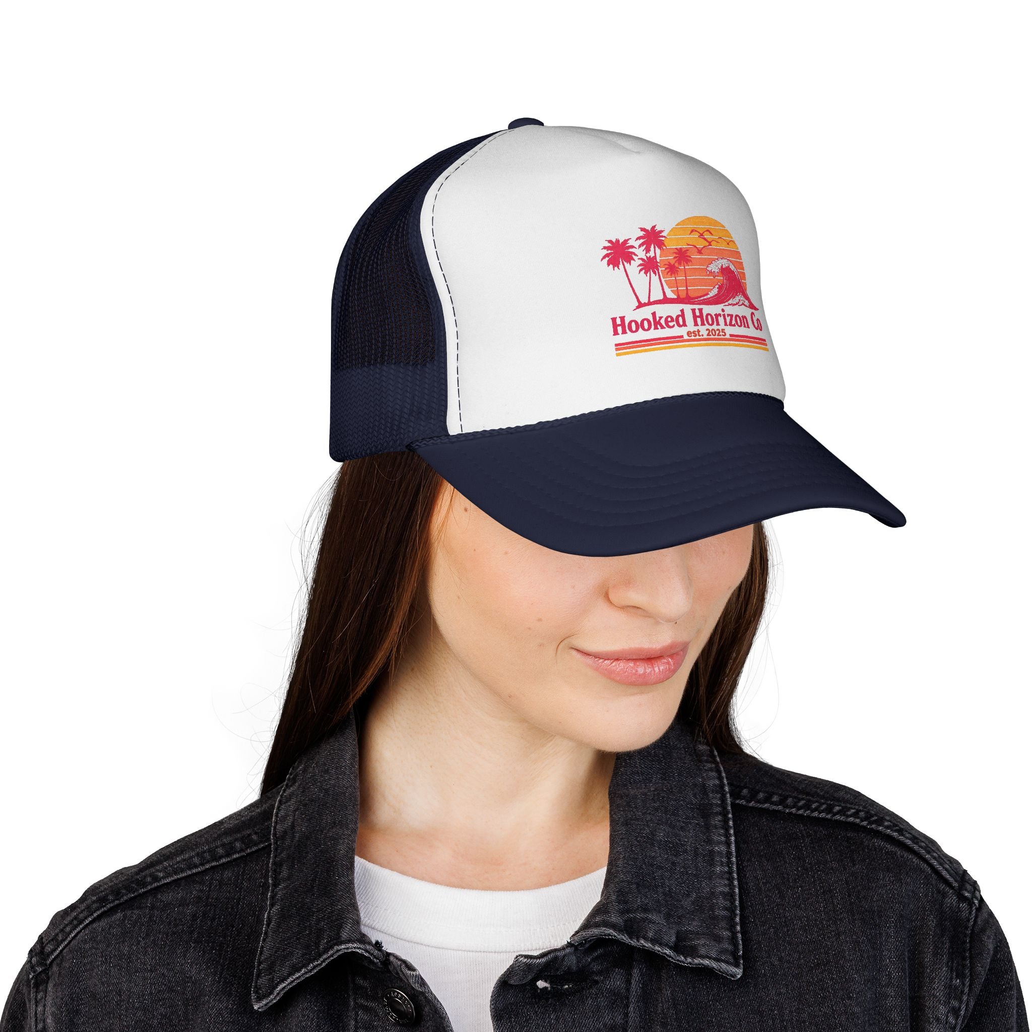 Hooked Horizon Co.  Wave, Sunset & Palm Tree 90s Inspired Trucker Cap — Outdoor & Beach Hat Ocean Conservation Gifts For Him & Her