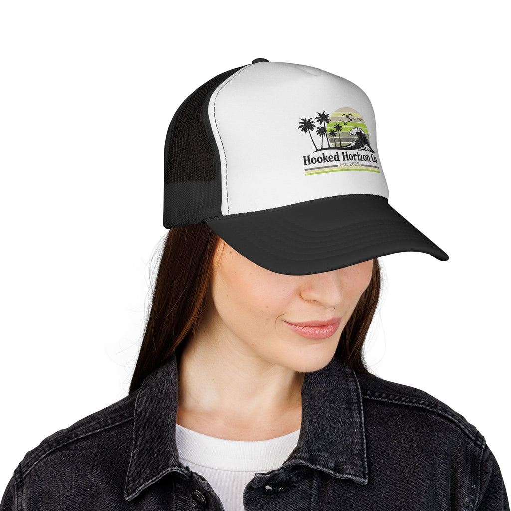 Hooked Horizon Co.  Sunset & Palm Tree 90s Inspired Trucker Cap — Outdoor & Beach Hat Ocean Conservation Gifts For Him & Her