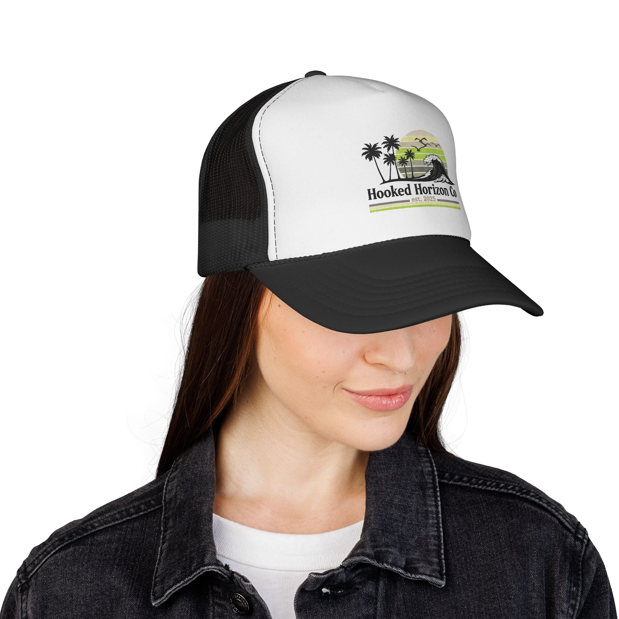 Hooked Horizon Co.  Sunset & Palm Tree 90s Inspired Trucker Cap — Outdoor & Beach Hat Ocean Conservation Gifts For Him & Her