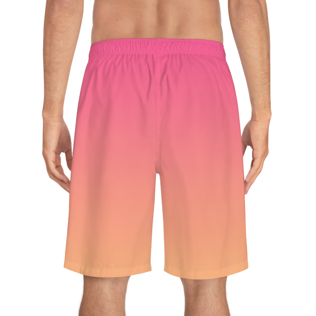 Pink To Orange Ombre Men's Ocean-Inspired Board Shorts, Swimwear for Beach Days, Summer Vacations, Pool Parties, Surfing Attire, Water Sports